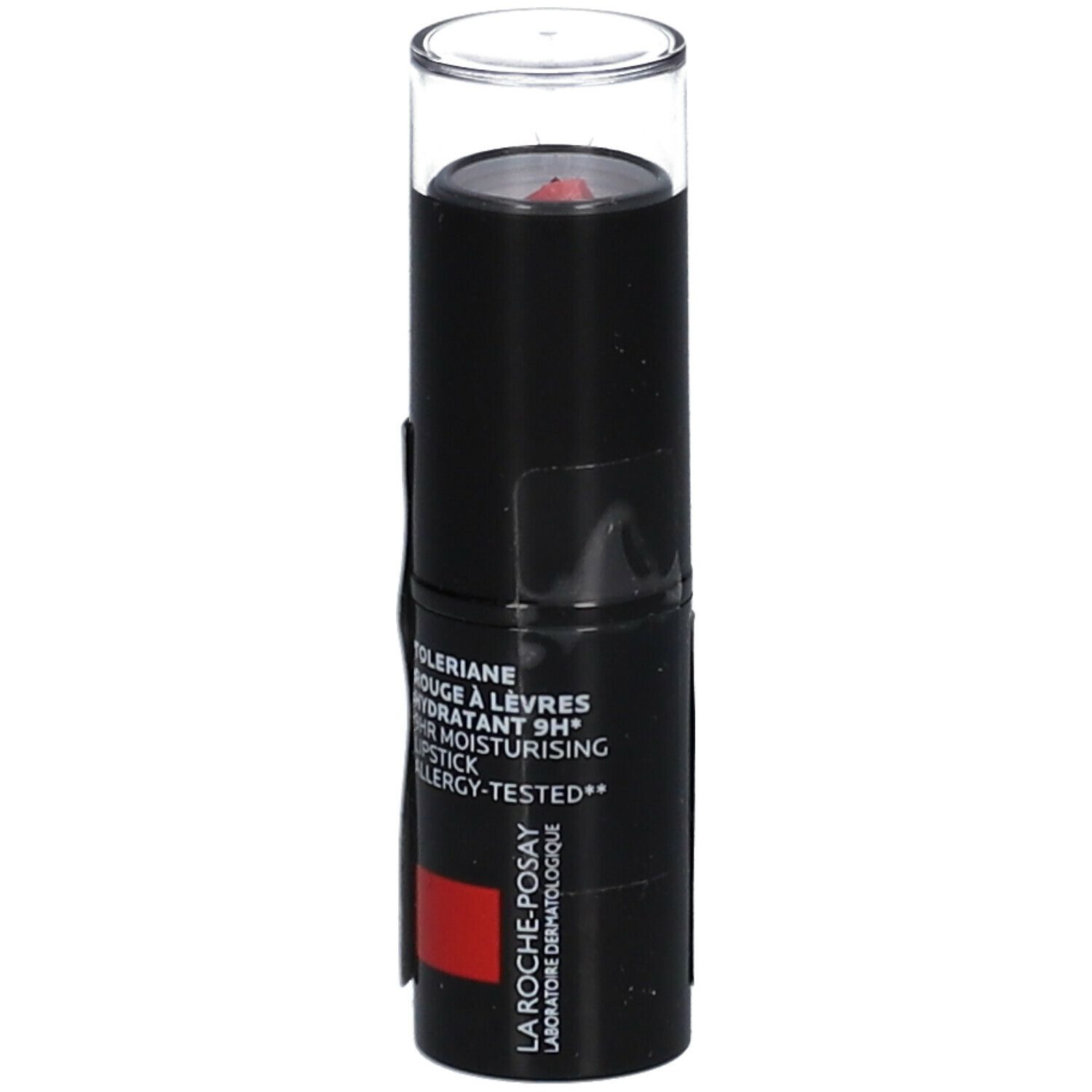 Rouge à lèvres noir avec capuchon transparent. Inscriptions: Toleriane, Rouge à Lèvres, 9H Moisture, Allergy-Tested, La Roche-Posay. Détails.