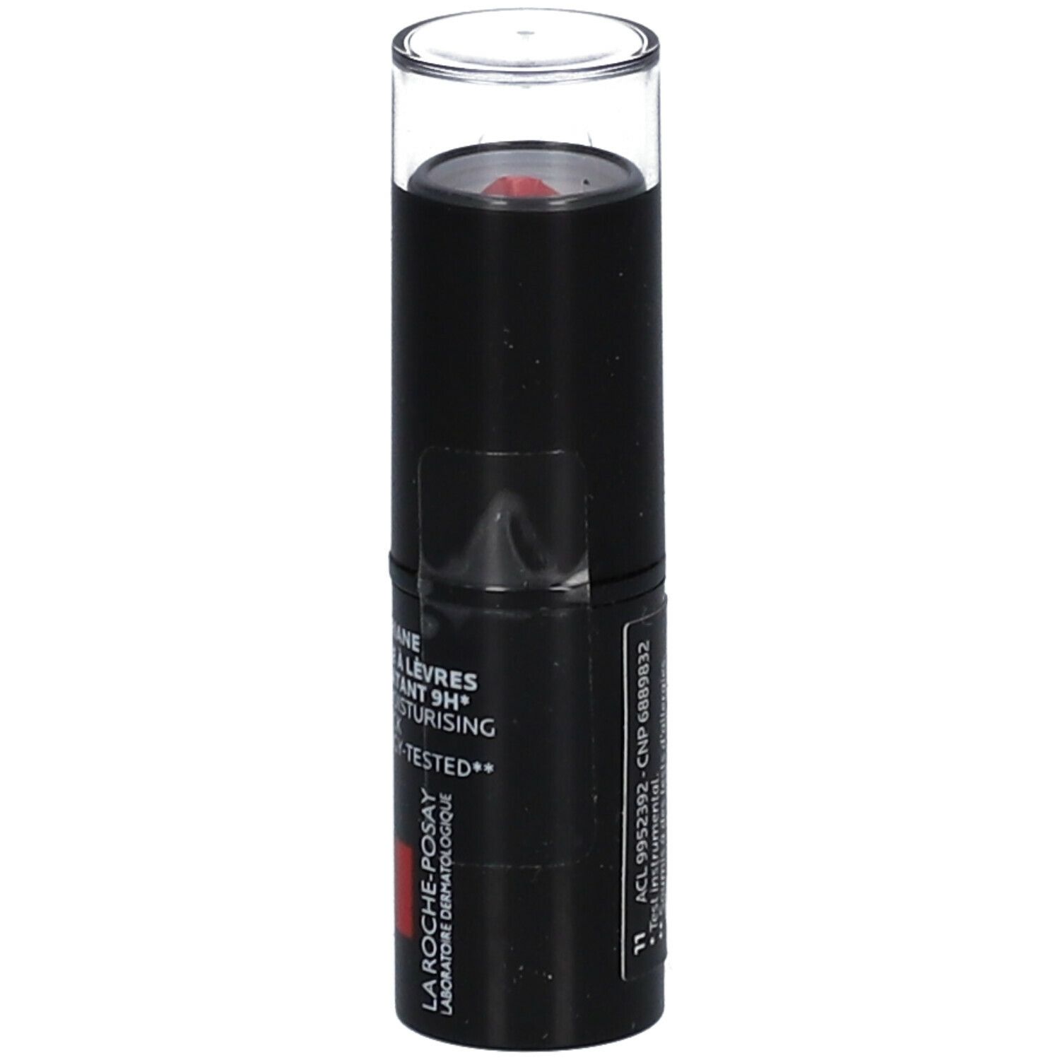 Rouge à lèvres noir avec capuchon transparent. Inscriptions: Toleriane, Rouge à Lèvres, 9H Moisture, Allergy-Tested, La Roche-Posay. Détails.