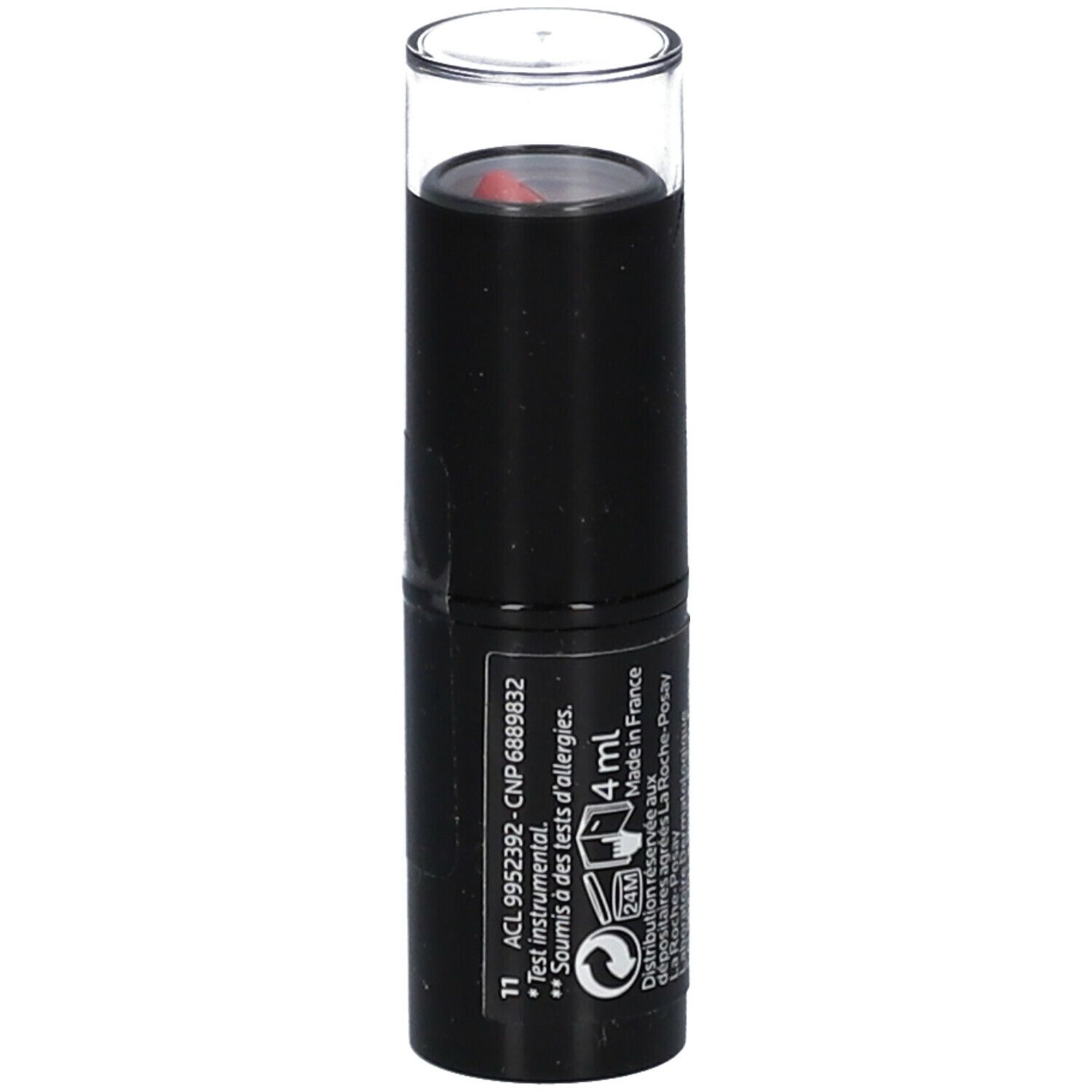 Rouge à lèvres noir avec capuchon transparent. Inscriptions: Toleriane, Rouge à Lèvres, 9H Moisture, Allergy-Tested, La Roche-Posay. 4ml.