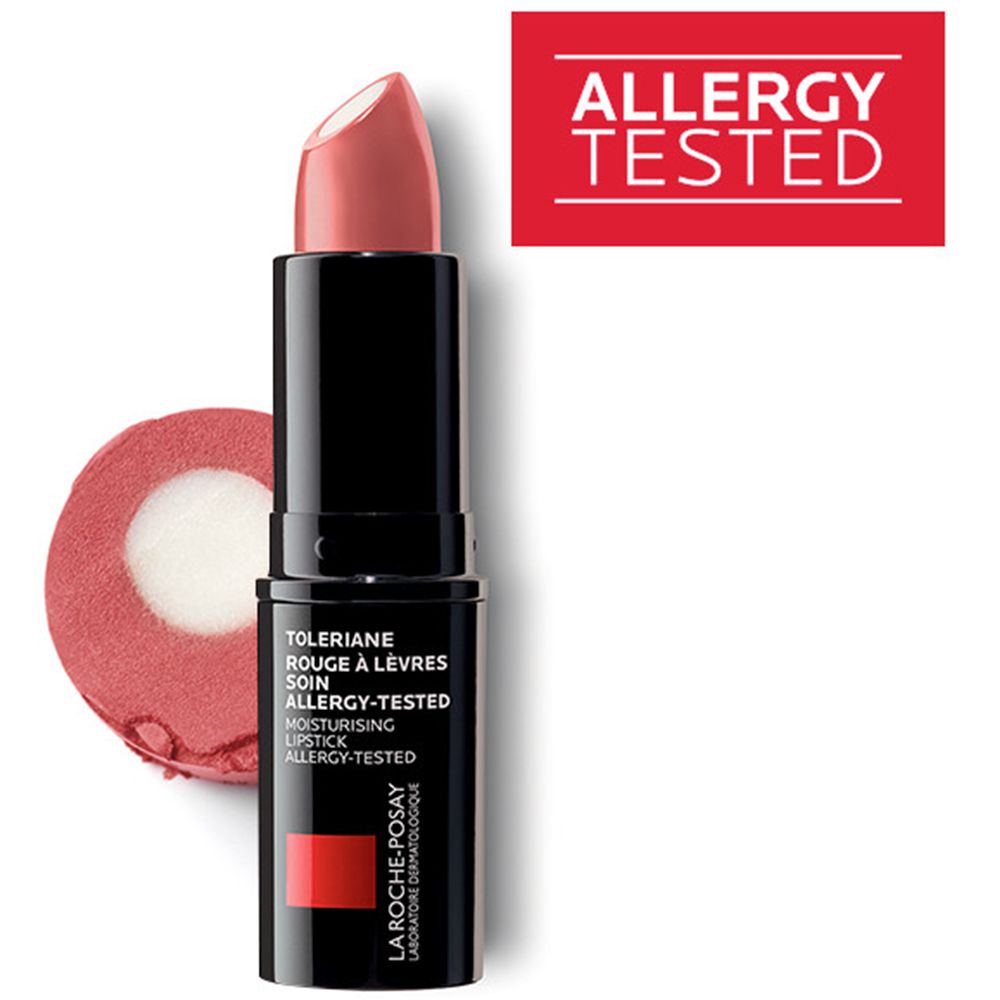Rouge à lèvres rose dans un étui noir. Inscriptions: Toleriane, Rouge à Lèvres, Allergy-Tested, La Roche-Posay. Logo test allergie.