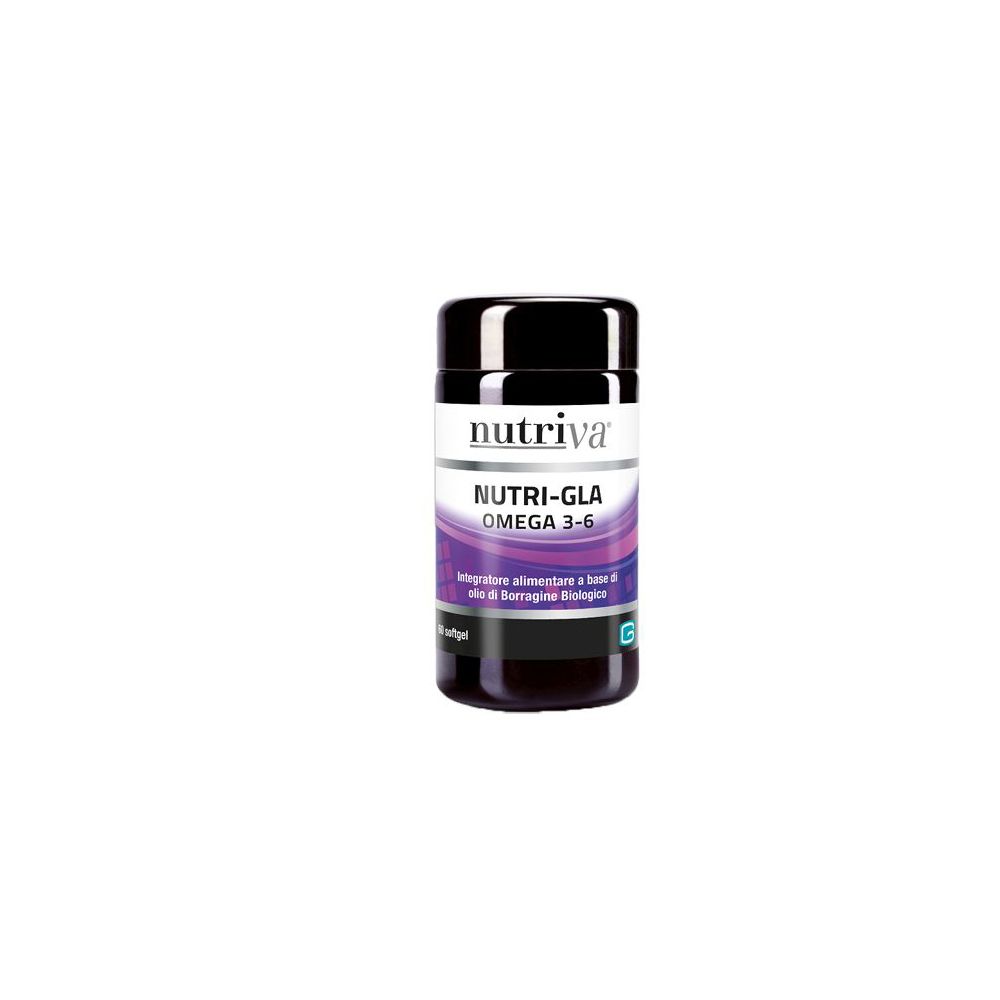 Barattolo nero con etichetta bianca. Scritta: Nutriva, Nutri-Gla Omega 3-6. Design viola e bianco. Logo G.