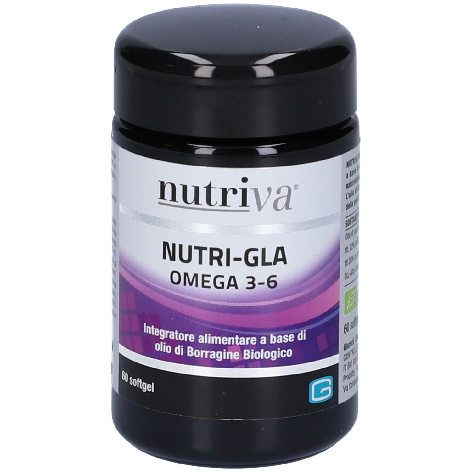 Barattolo nero con etichetta bianca. Scritta: Nutriva, Nutri-Gla Omega 3-6. 60 softgel. Logo G.