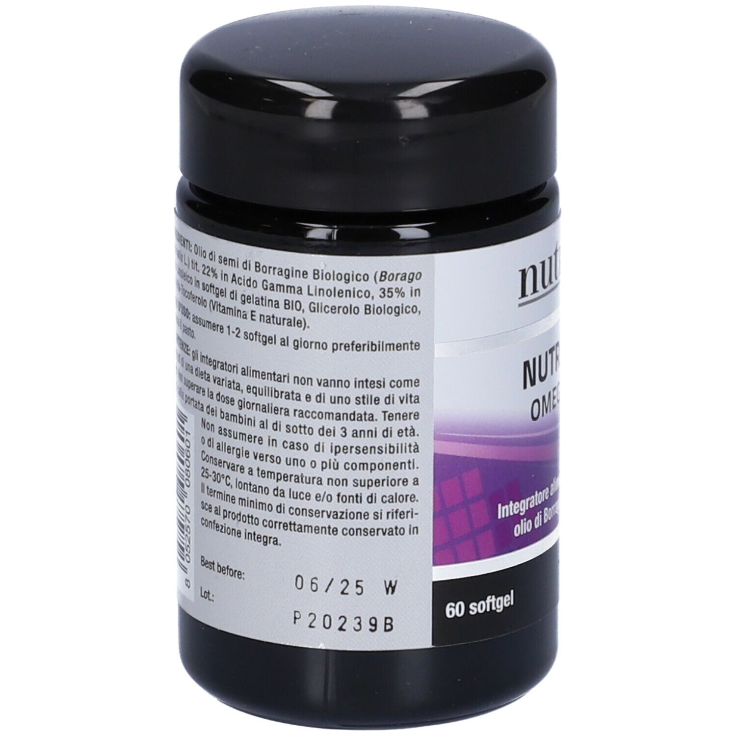 Barattolo nero con etichetta bianca. Scritta: Nutriva, Nutri-Gla Omega 3-6. 60 softgel. Testo sul retro.