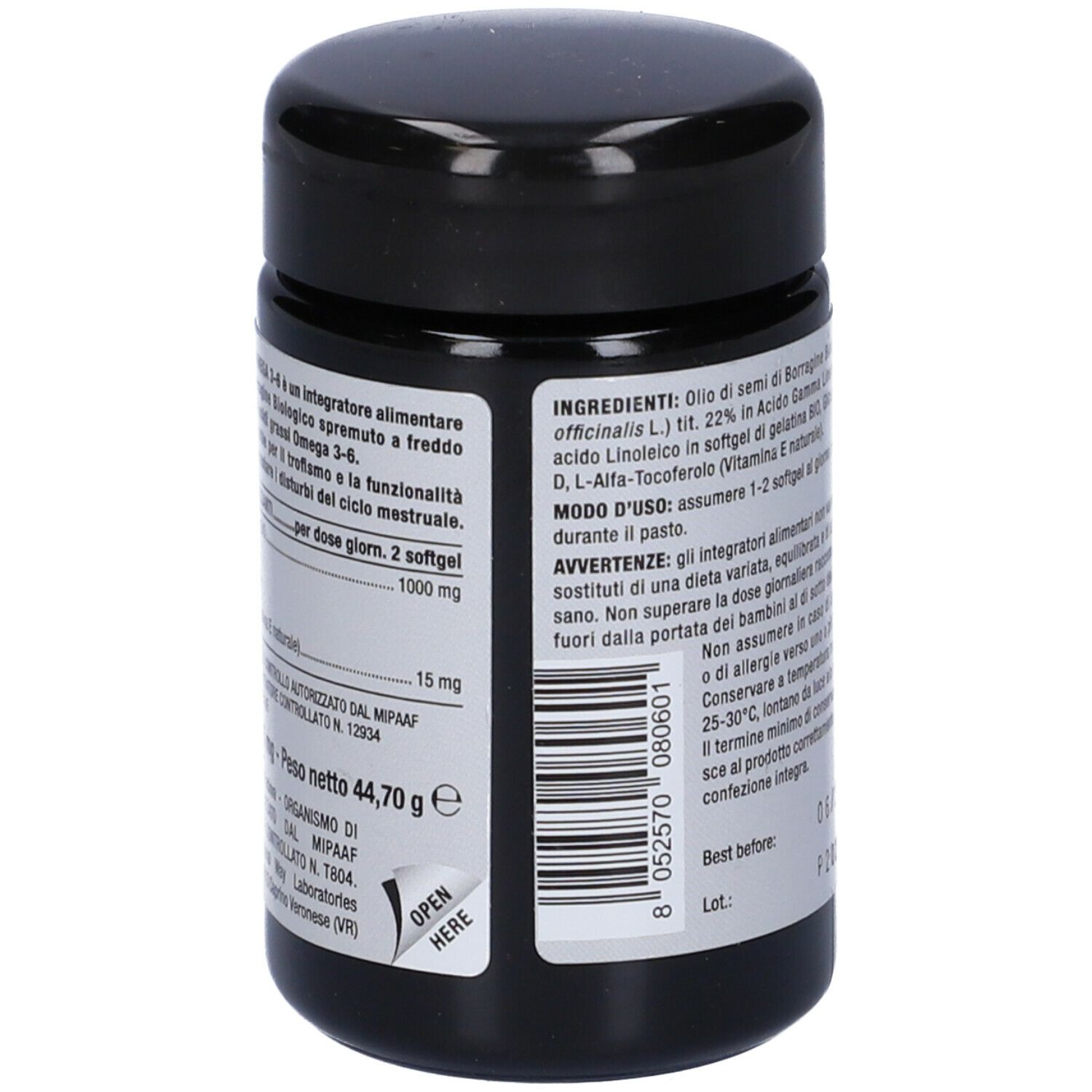 Barattolo nero con etichetta bianca. Scritta: Nutriva, Nutri-Gla Omega 3-6. Retro con testo e ingredienti.