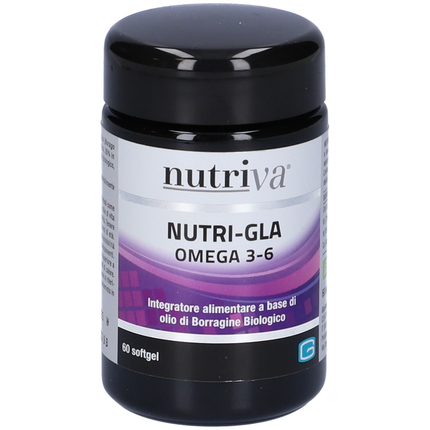 Barattolo nero con etichetta bianca. Scritta: Nutriva, Nutri-Gla Omega 3-6. 60 softgel. Logo G.