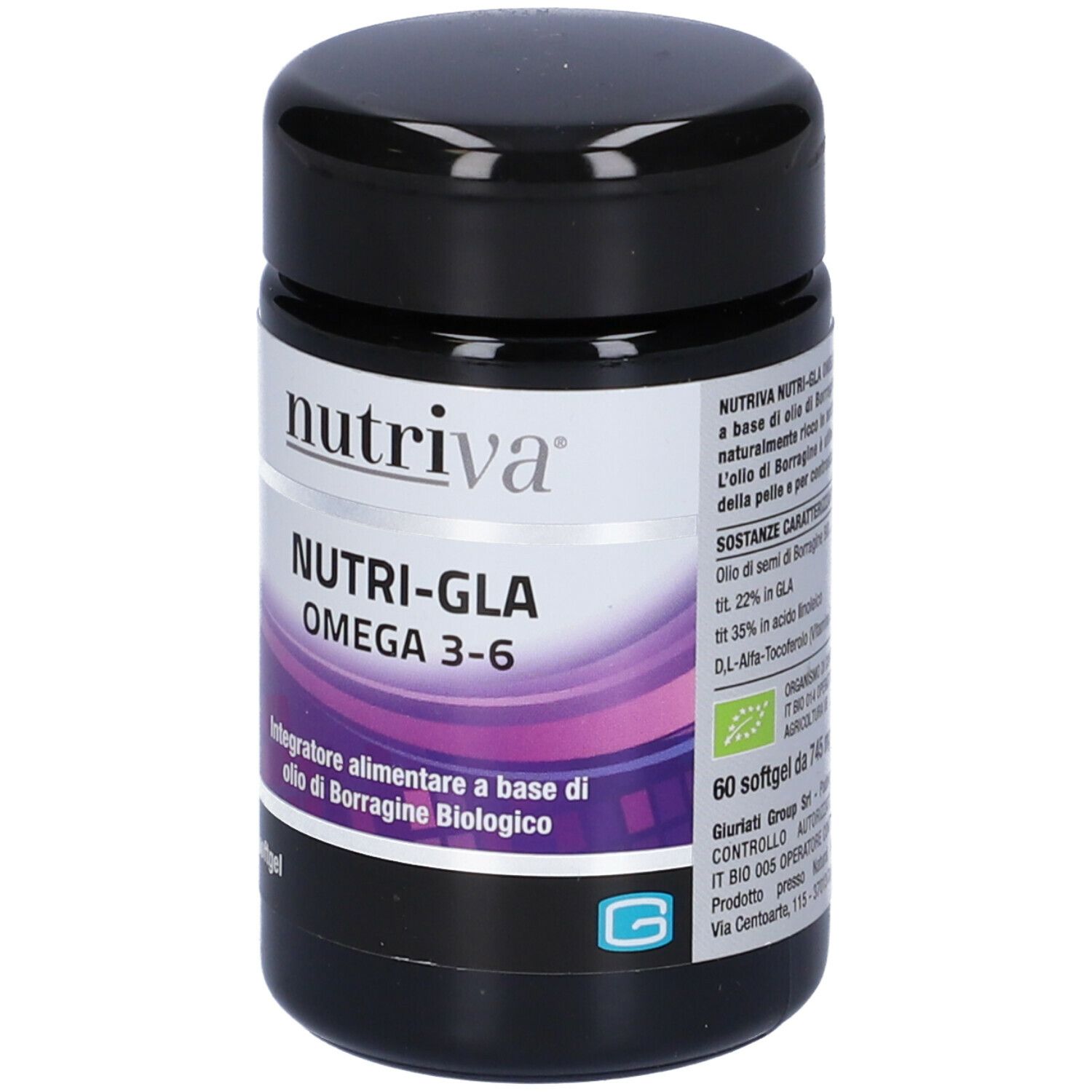Barattolo nero con etichetta bianca. Scritta: Nutriva, Nutri-Gla Omega 3-6. 60 softgel. Certificazione bio.