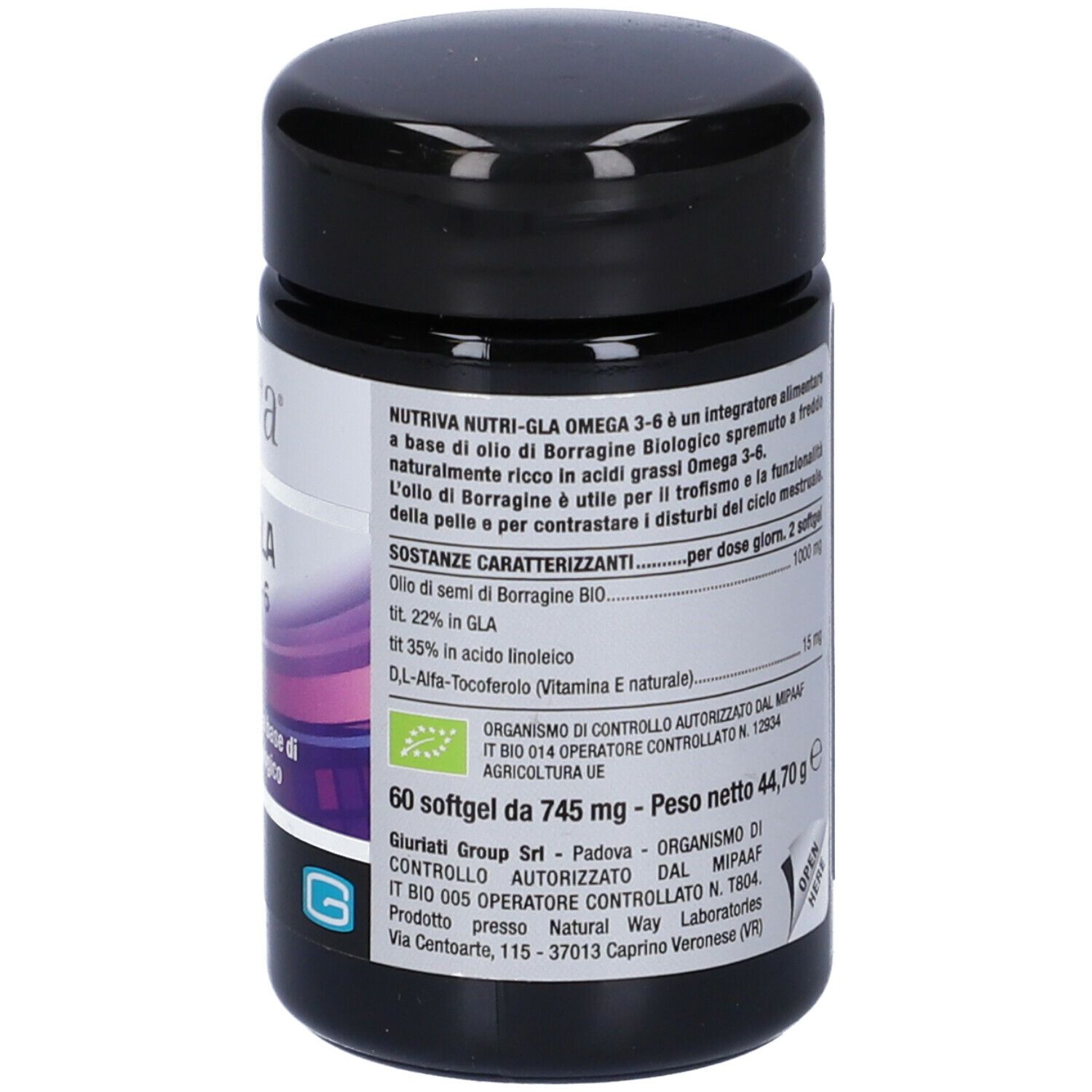 Barattolo nero con etichetta bianca. Scritta: Nutriva, Nutri-Gla Omega 3-6. 60 softgel. Testo e ingredienti.