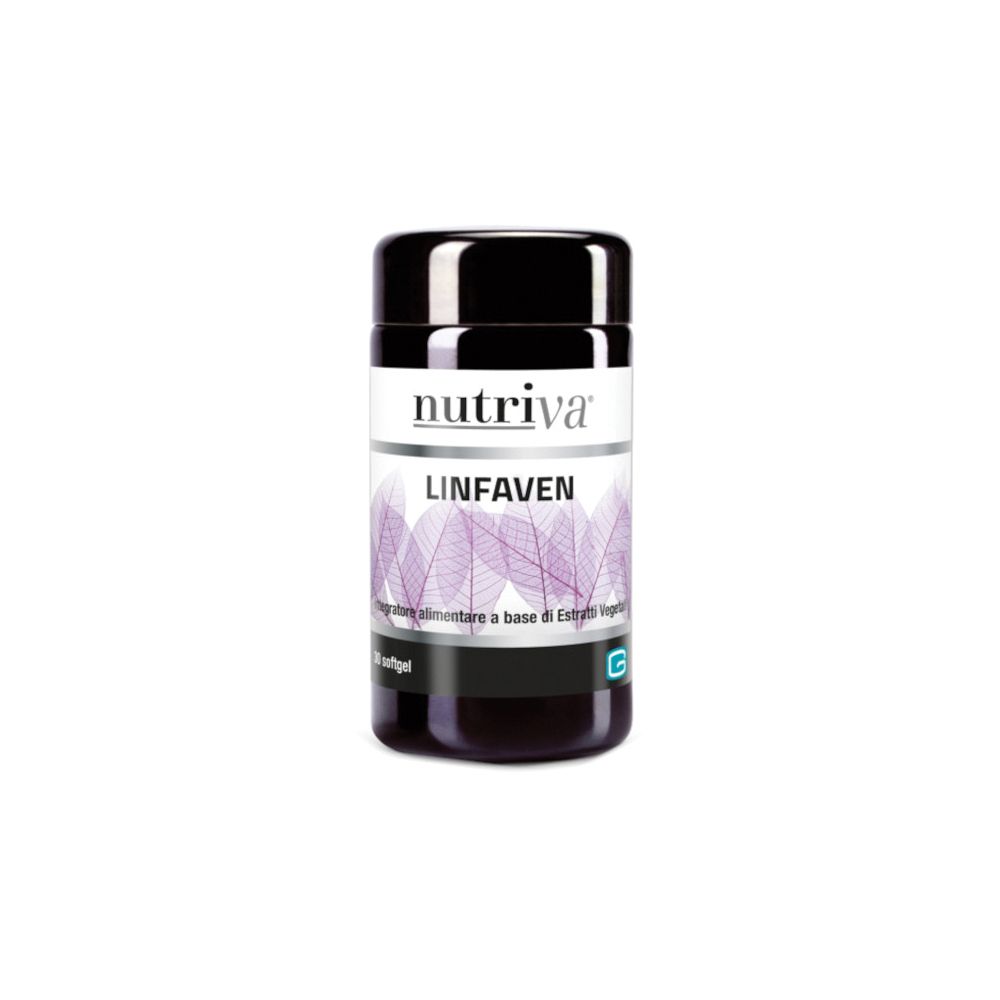 Flacone nero con tappo nero. Scritta Nutriva, Linfaven. Etichetta con foglie viola. 30 capsule molli.