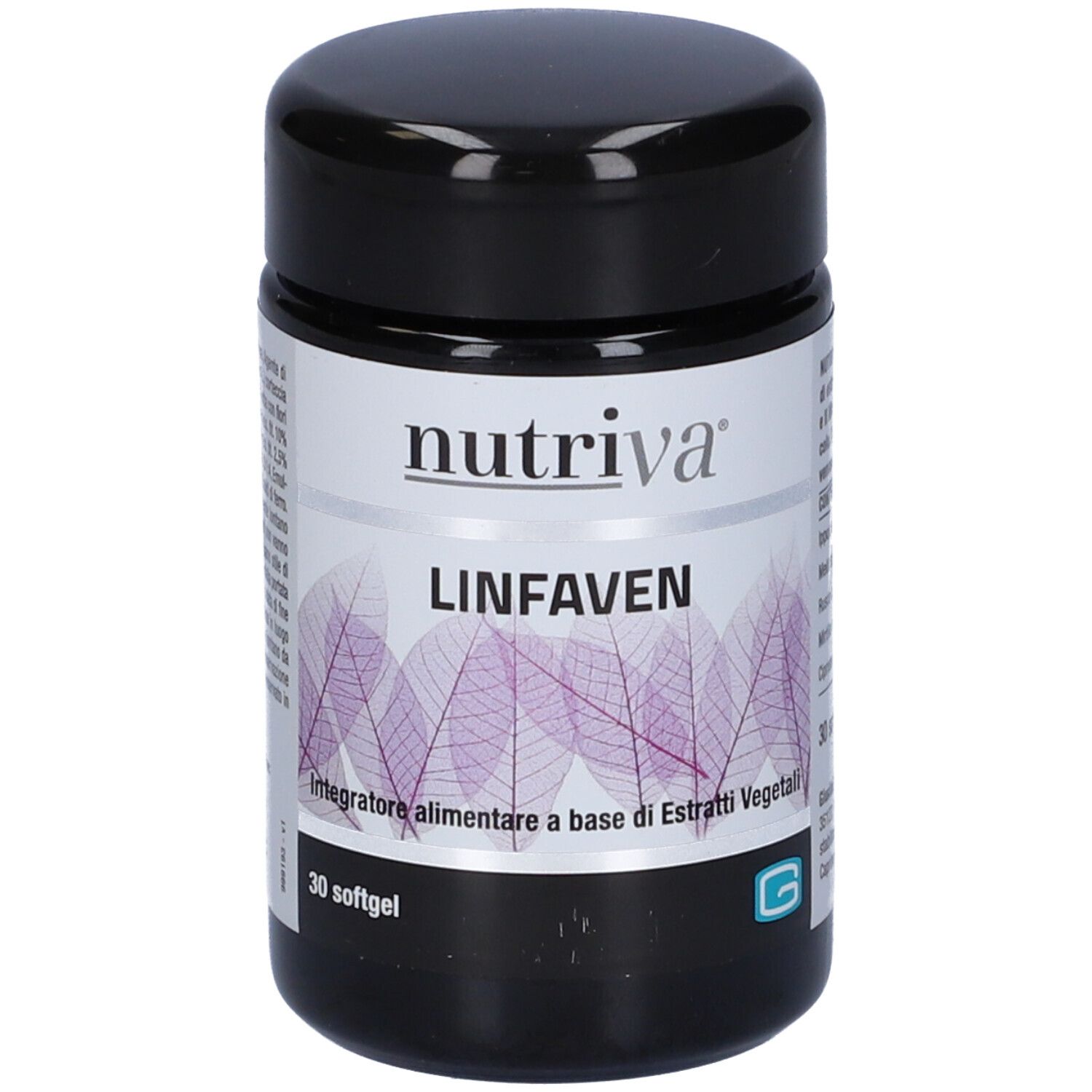 Flacone nero con etichetta bianca. Scritta Nutriva, Linfaven. Etichetta con foglie viola. 30 capsule molli.