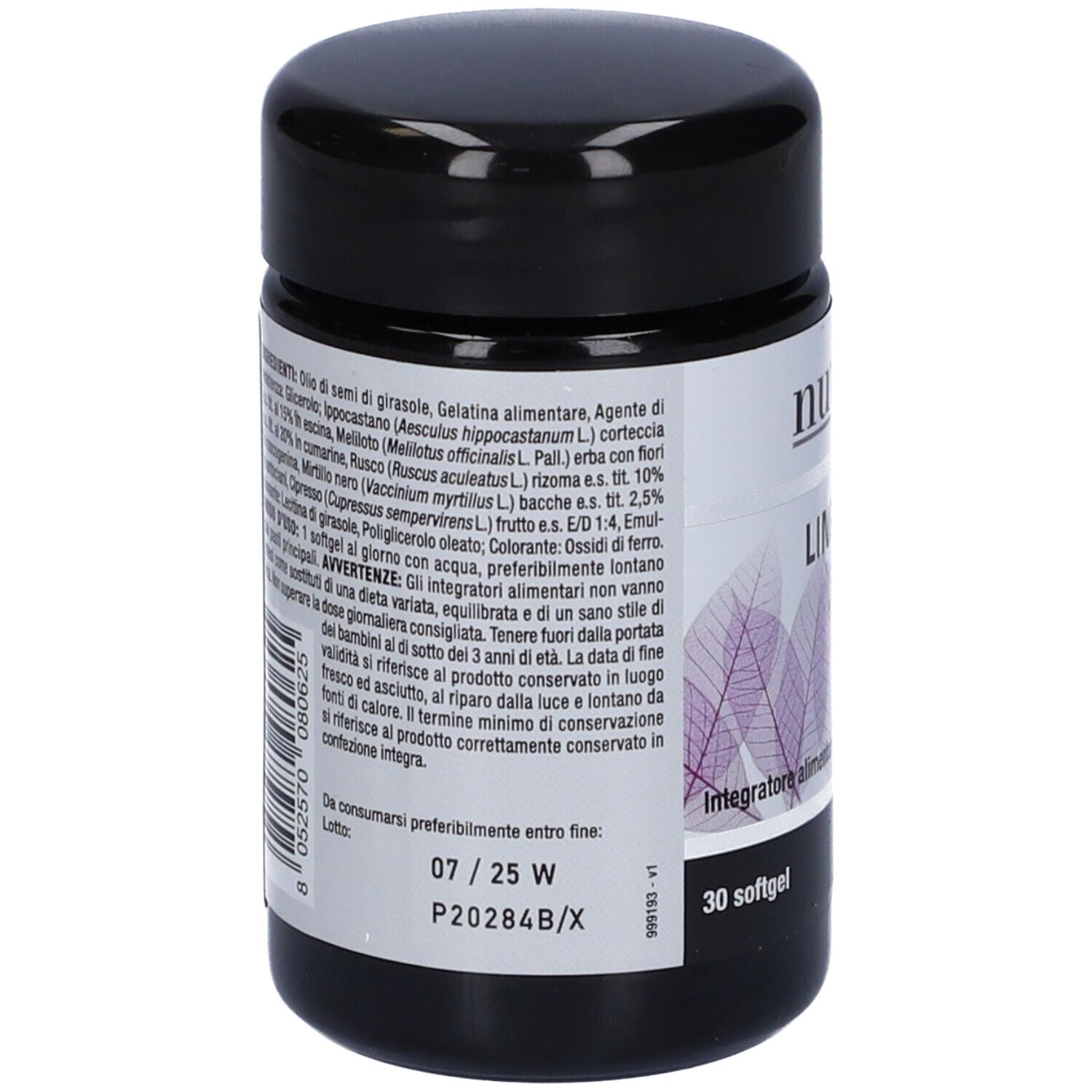Flacone nero con etichetta bianca. Scritta Nutriva, Linfaven. Etichetta con foglie viola. Elenco ingredienti e avvertenze.