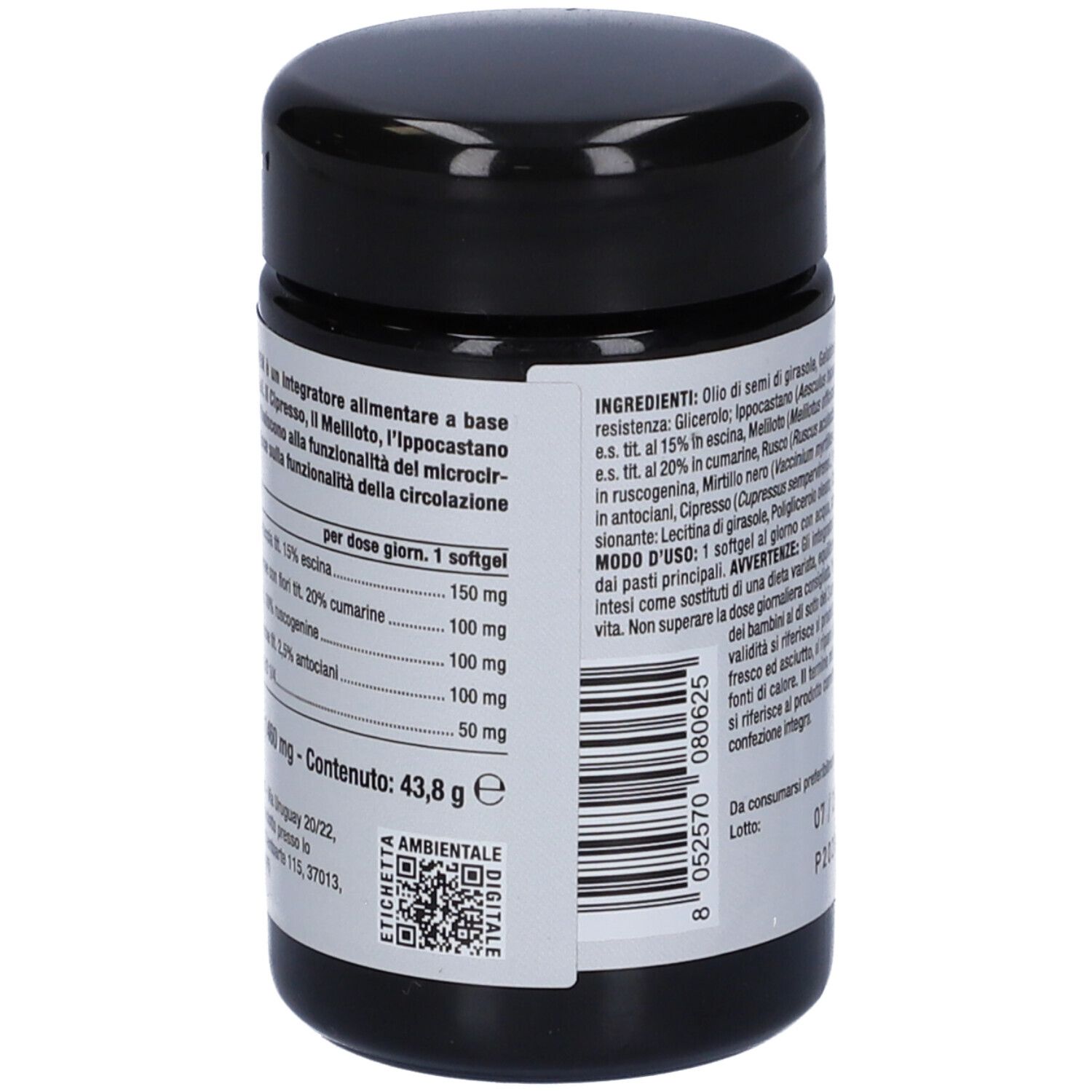 Flacone nero con etichetta bianca. Scritta Nutriva, Linfaven. Etichetta con foglie viola. Valori nutrizionali e ingredienti.