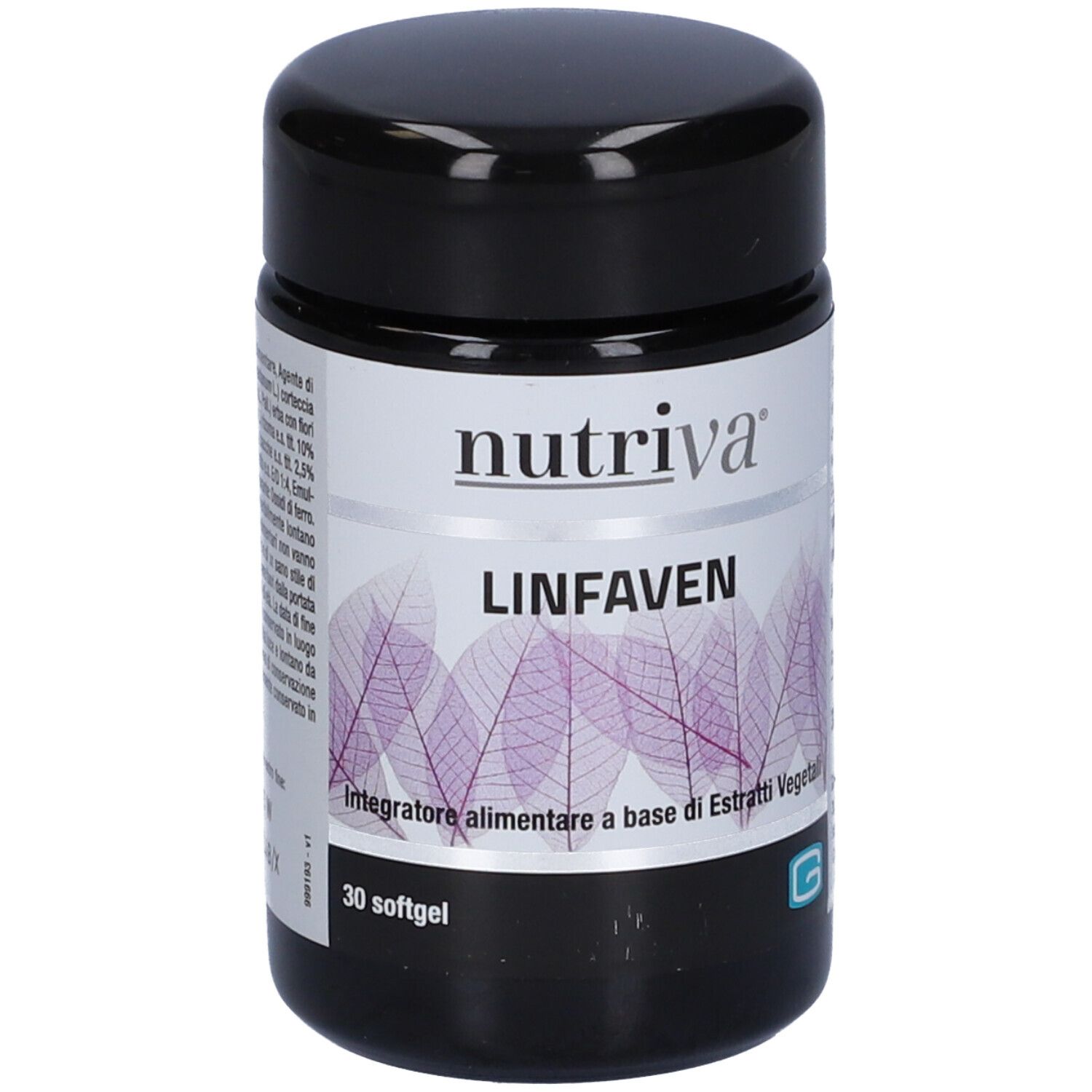 Flacone nero con etichetta bianca. Scritta Nutriva, Linfaven. Etichetta con foglie viola. 30 capsule molli.