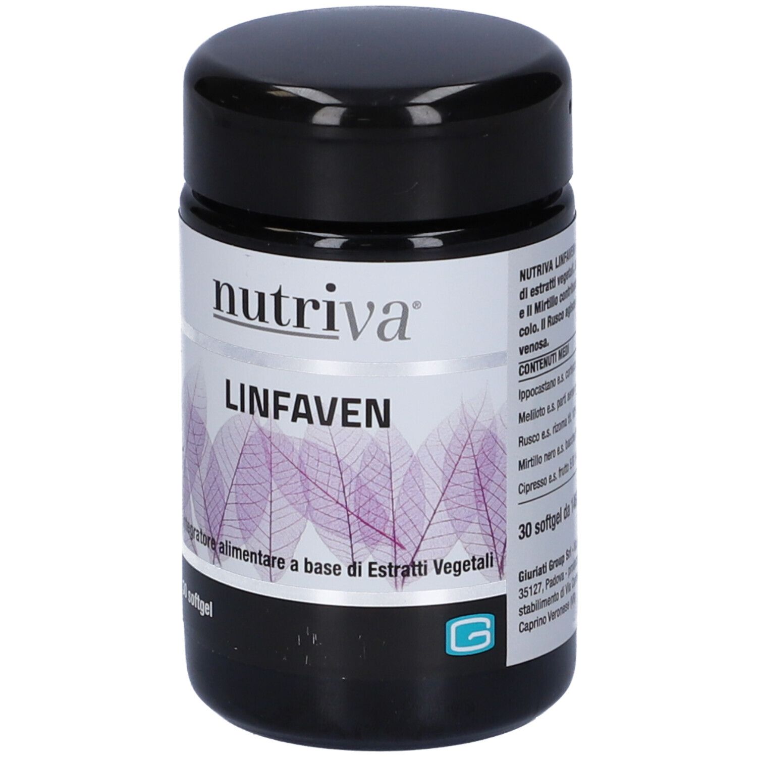 Flacone nero con etichetta bianca. Scritta Nutriva, Linfaven. Etichetta con foglie viola. 30 capsule molli.
