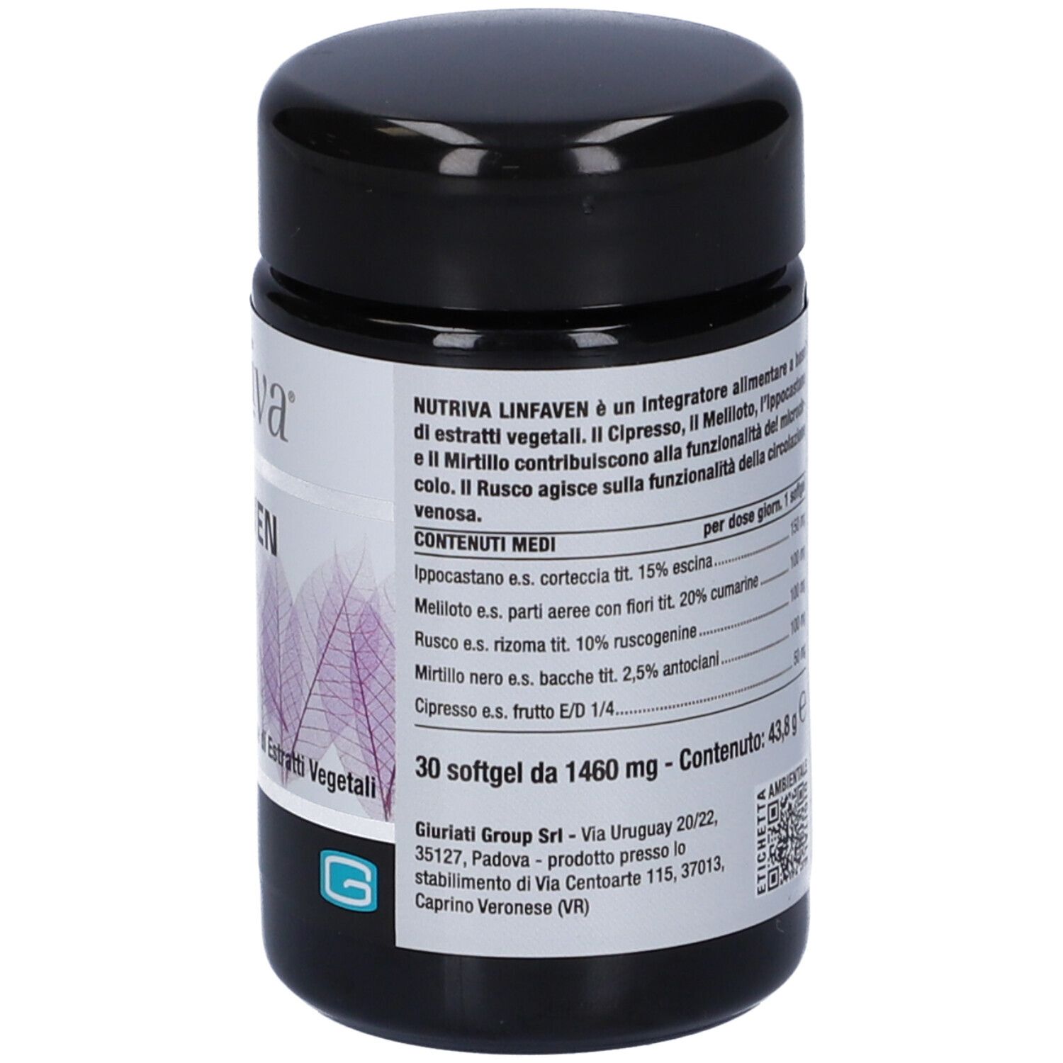 Flacone nero con etichetta bianca. Scritta Nutriva, Linfaven. Etichetta con foglie viola. Ingredienti e informazioni produttore.