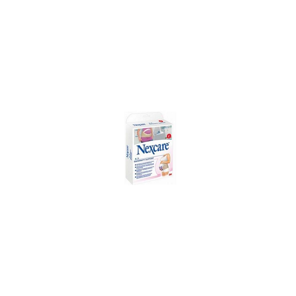 Confezione di supporto addominale Nexcare per la gravidanza. Scatola bianca con immagine del prodotto e testo blu.