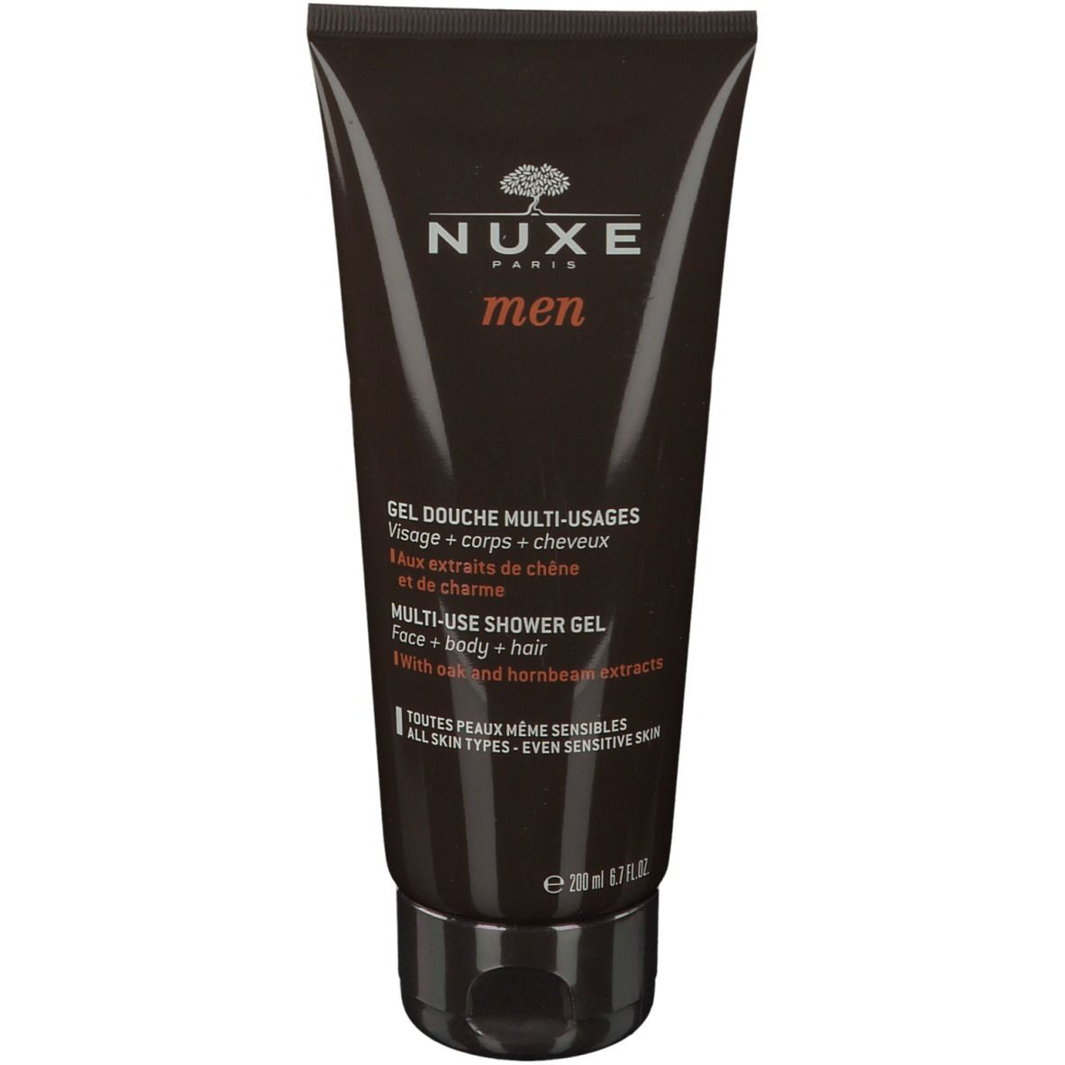 Tube marron NUXE men. Gel Douche Multi-Usages pour visage, corps et cheveux. Pour tous types de peaux.