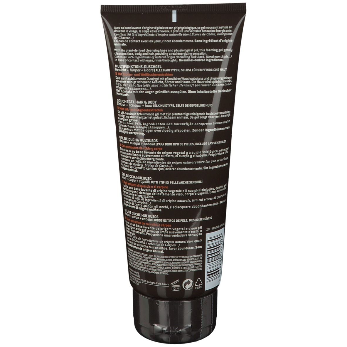 Dos du tube de gel douche NUXE men. Texte multilingue. Ingrédients, instructions et autres informations.