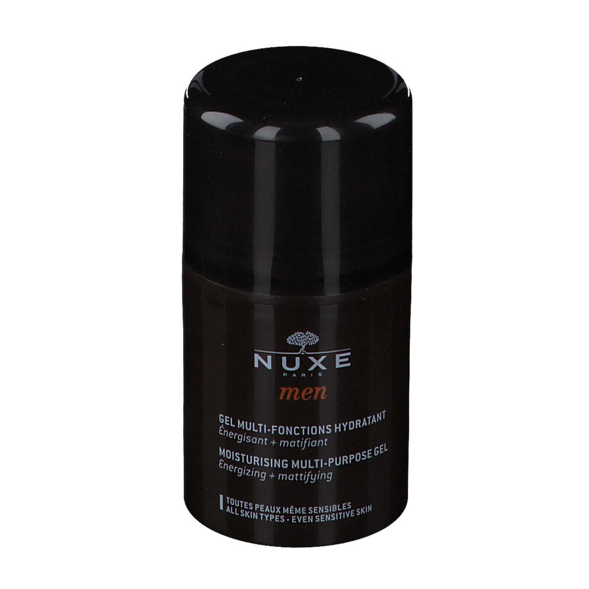 Flacone nero con tappo nero. Scritta: Nuxe men, Gel Multi-Fonctions Hydratant.