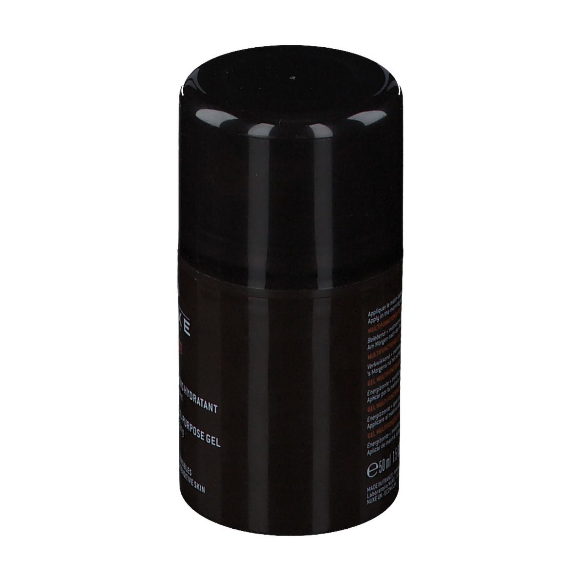 Flacone nero con tappo nero. Scritta: Nuxe men, Gel Multi-Fonctions Hydratant.