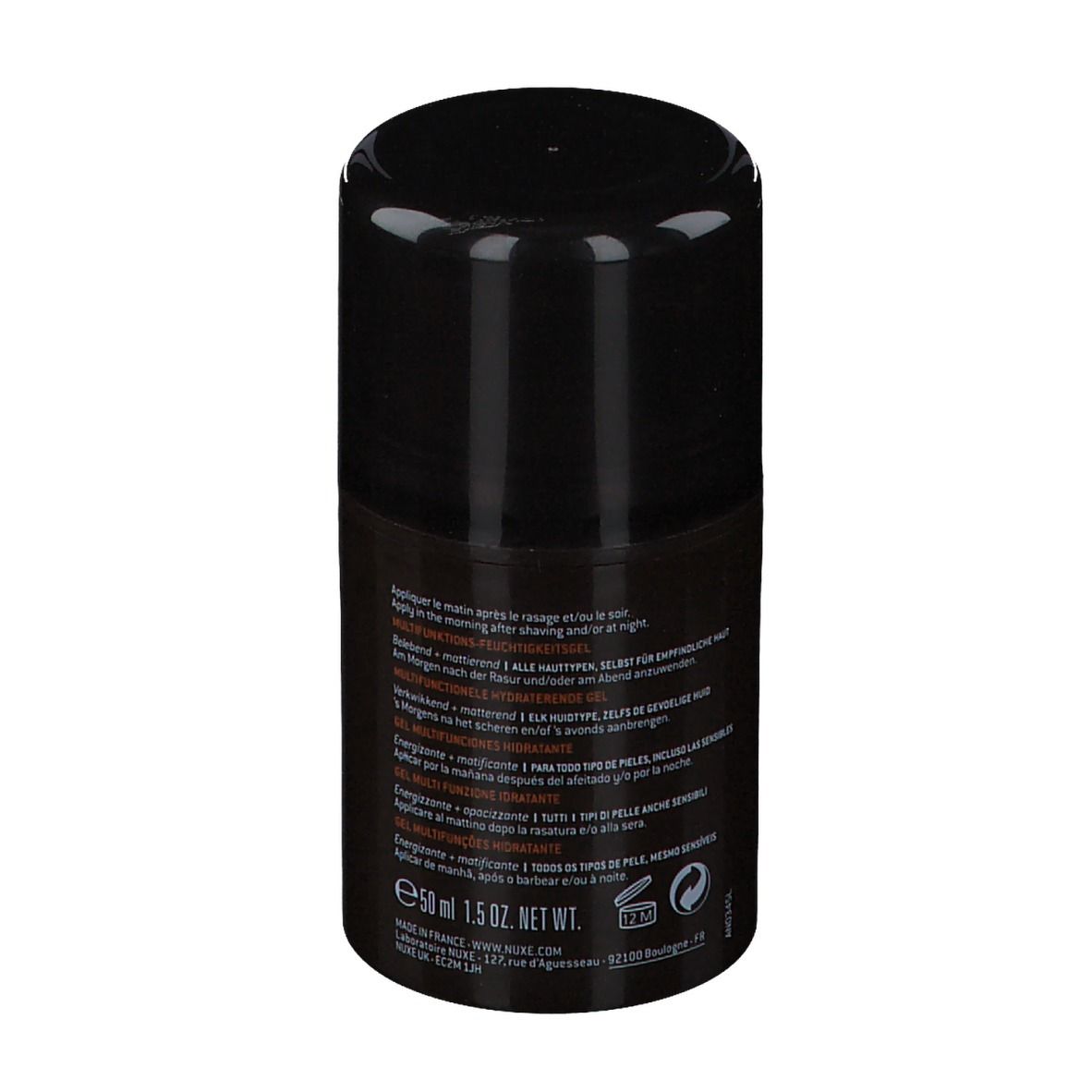 Flacone nero con tappo nero. Scritta: Nuxe men, Gel Multi-Fonctions Hydratant.