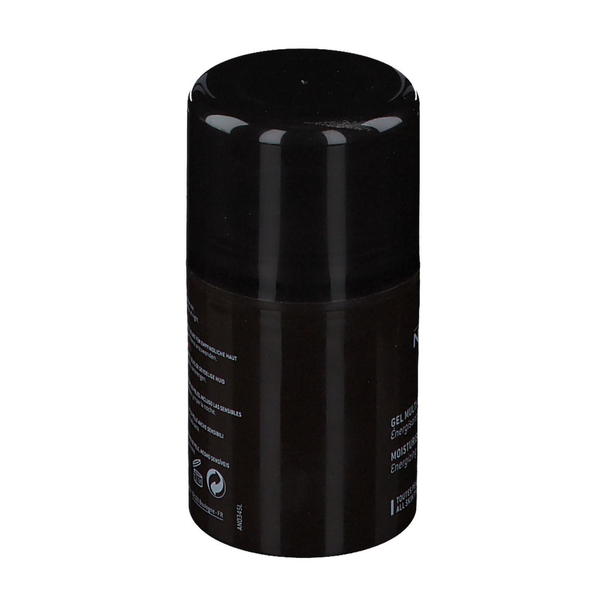 Flacone nero con tappo nero. Scritta: Nuxe men, Gel Multi-Fonctions Hydratant.