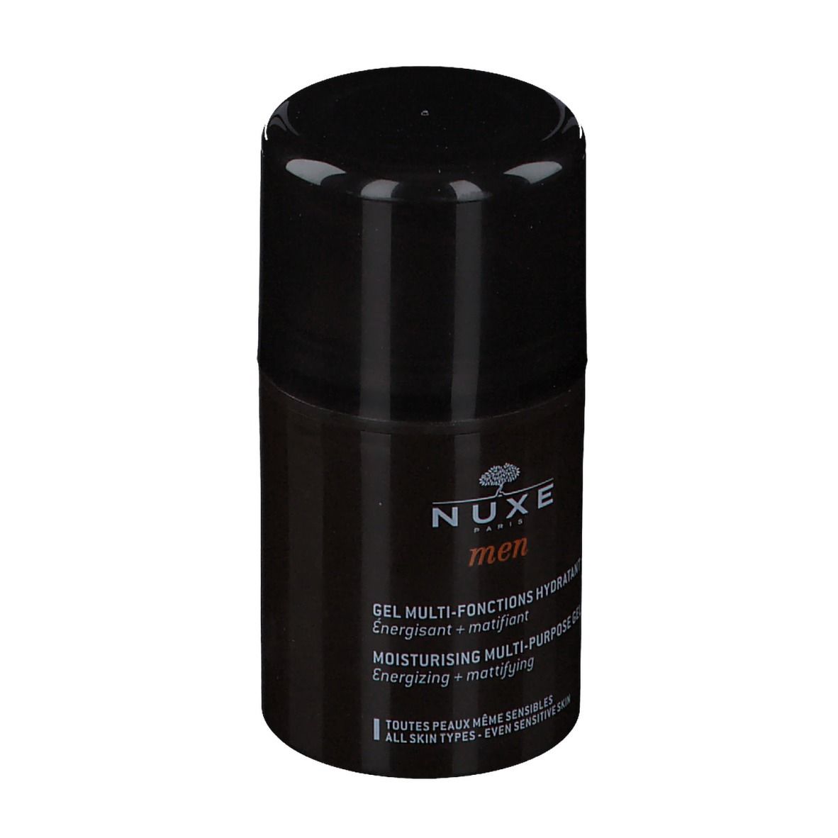 Flacone nero con tappo nero. Scritta: Nuxe men, Gel Multi-Fonctions Hydratant.