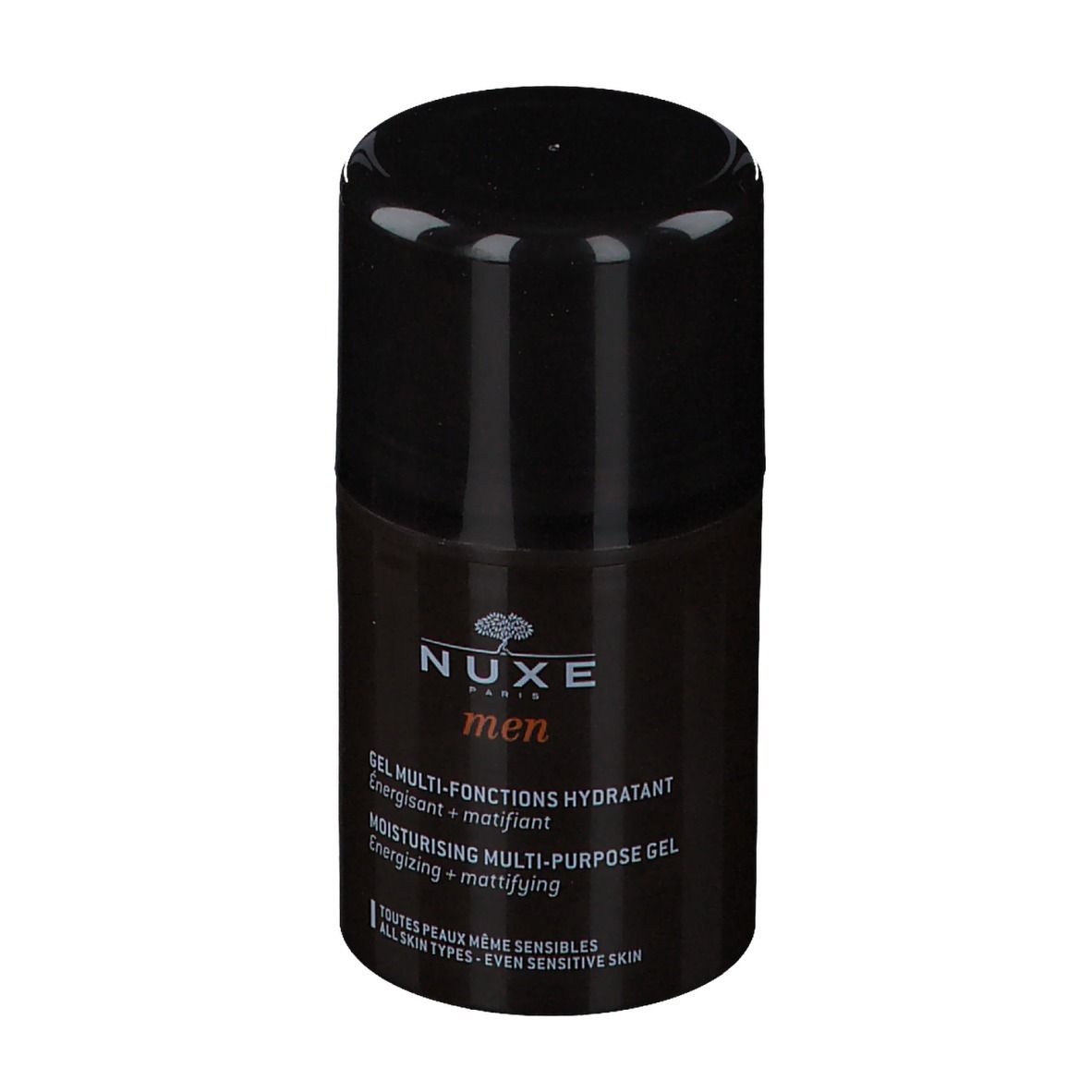 Flacone nero con tappo nero. Scritta: Nuxe men, Gel Multi-Fonctions Hydratant.