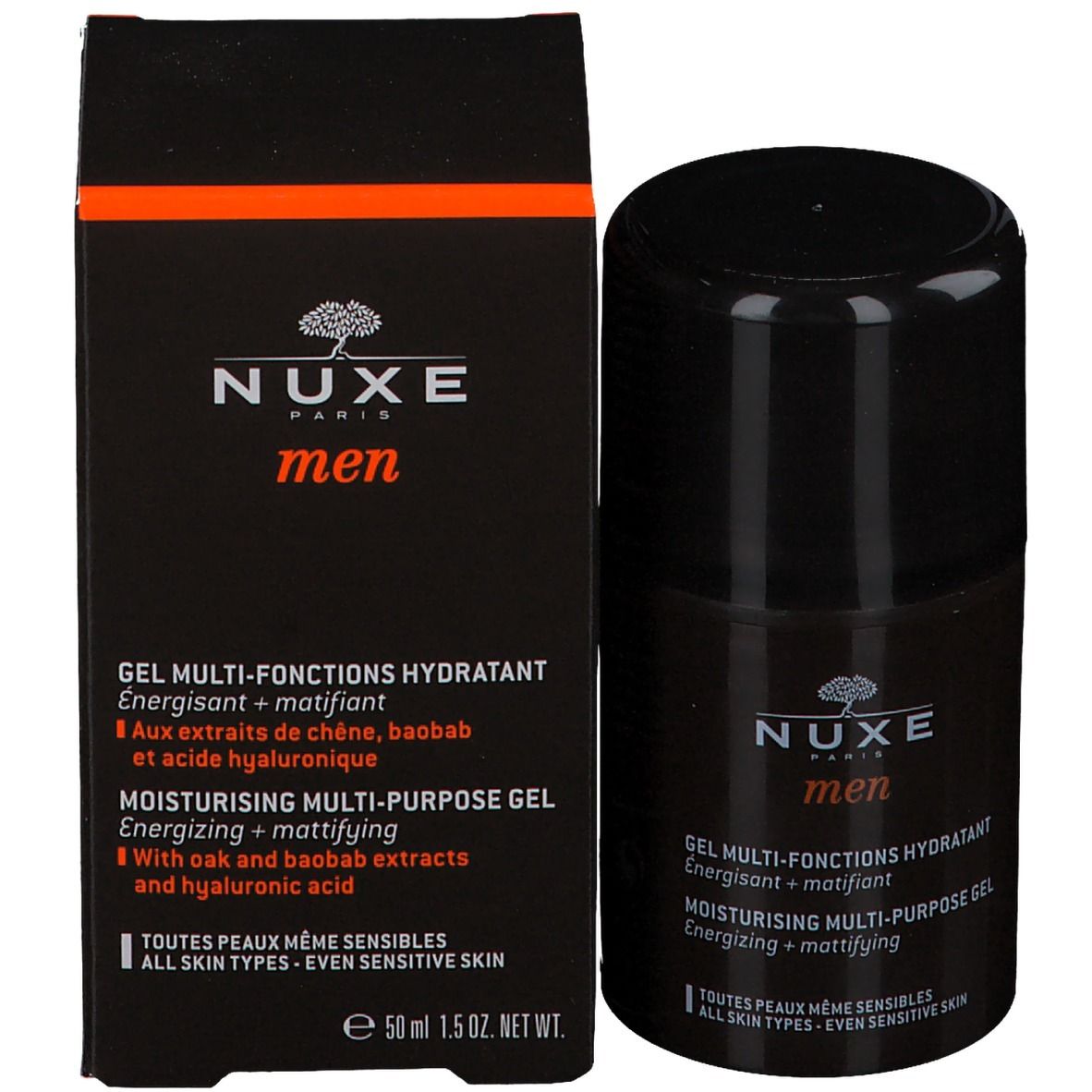 Prodotto e confezione. Flacone nero e scatola. Scritta: Nuxe men, Gel Multi-Fonctions Hydratant.