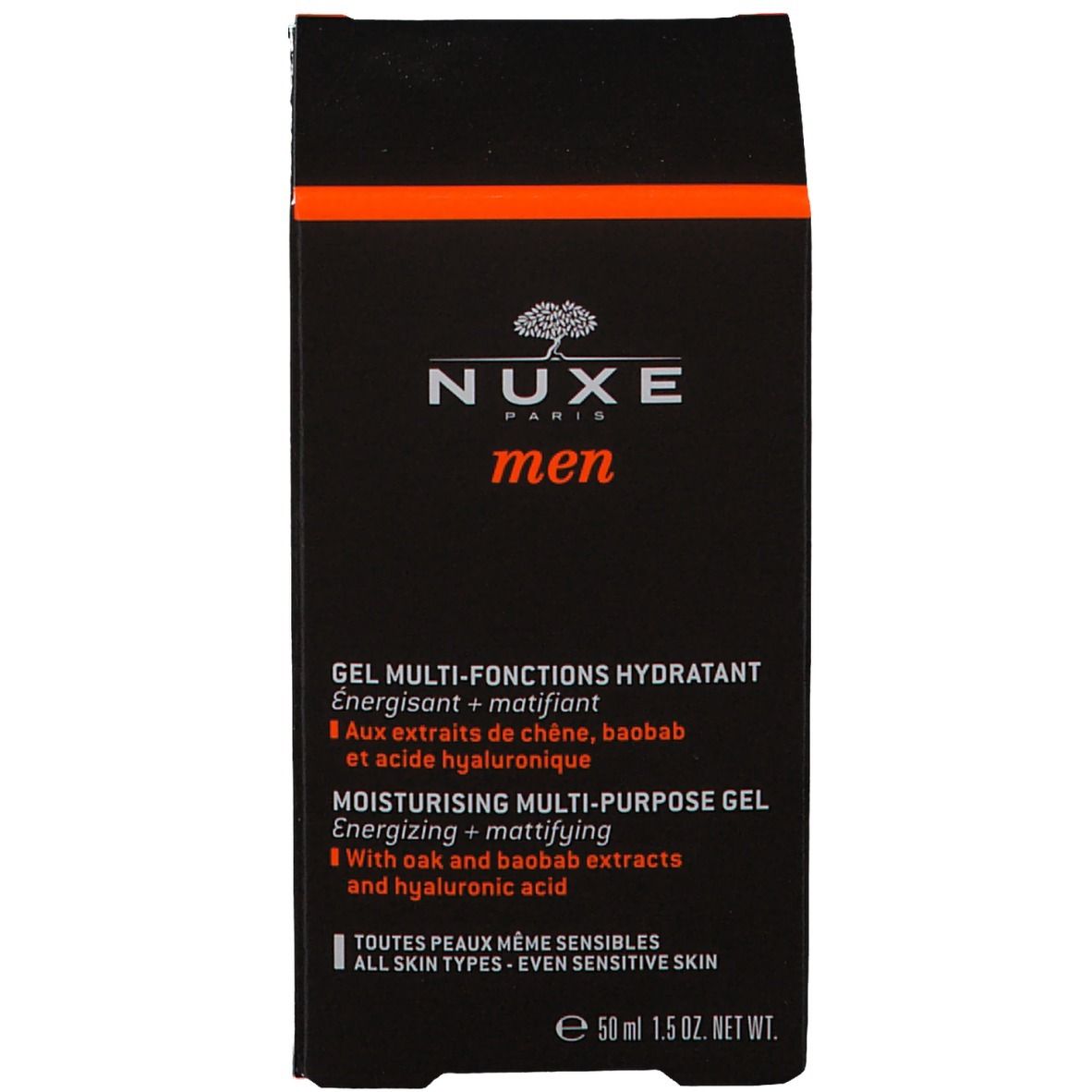 Confezione. Scatola nera. Scritta: Nuxe men, Gel Multi-Fonctions Hydratant.