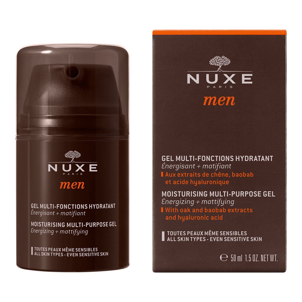 Prodotto e confezione. Flacone marrone e scatola. Scritta: Nuxe men, Gel Multi-Fonctions Hydratant.