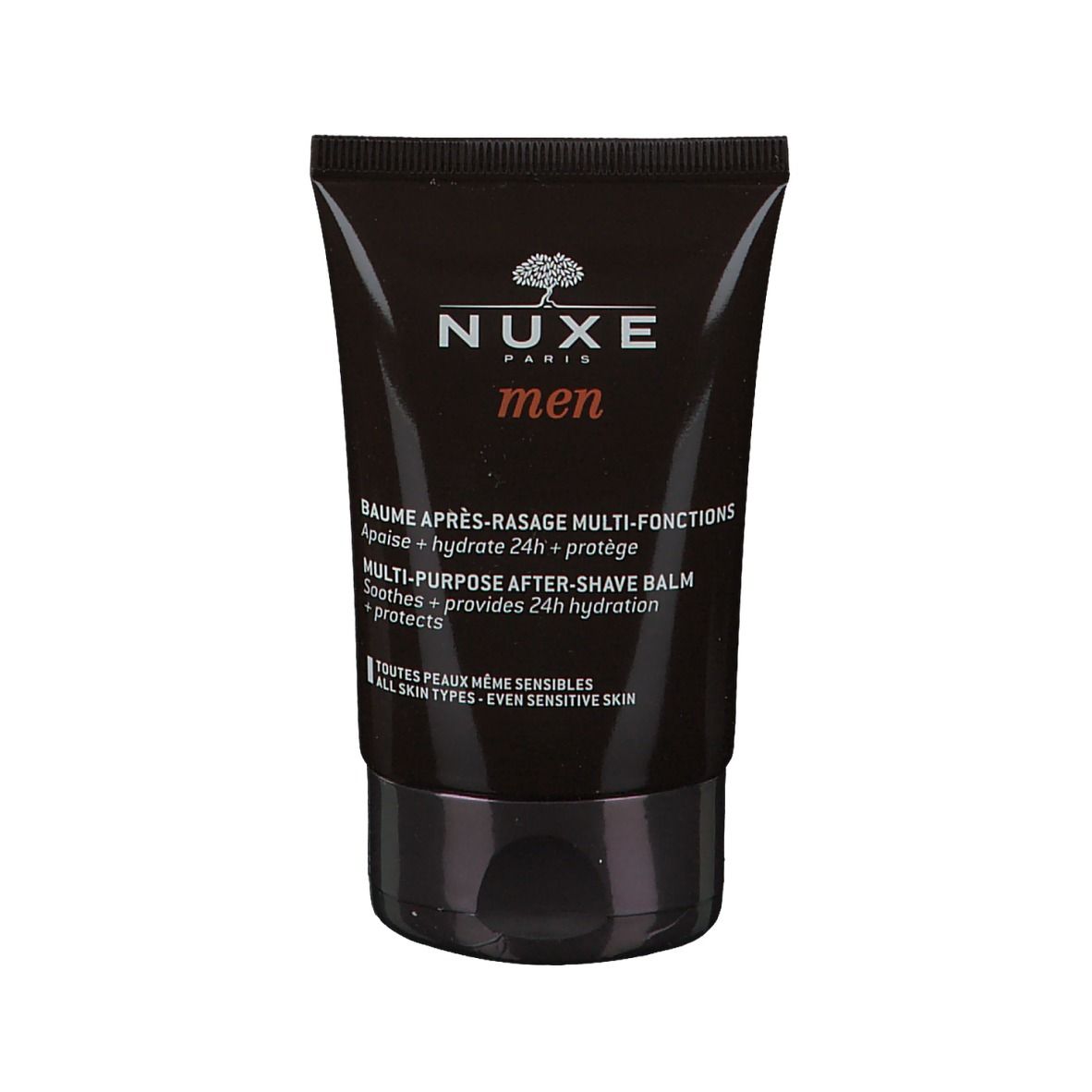 Tubo marrone Nuxe Men. Balsamo dopobarba multifunzione. Testo francese. Tappo nero.