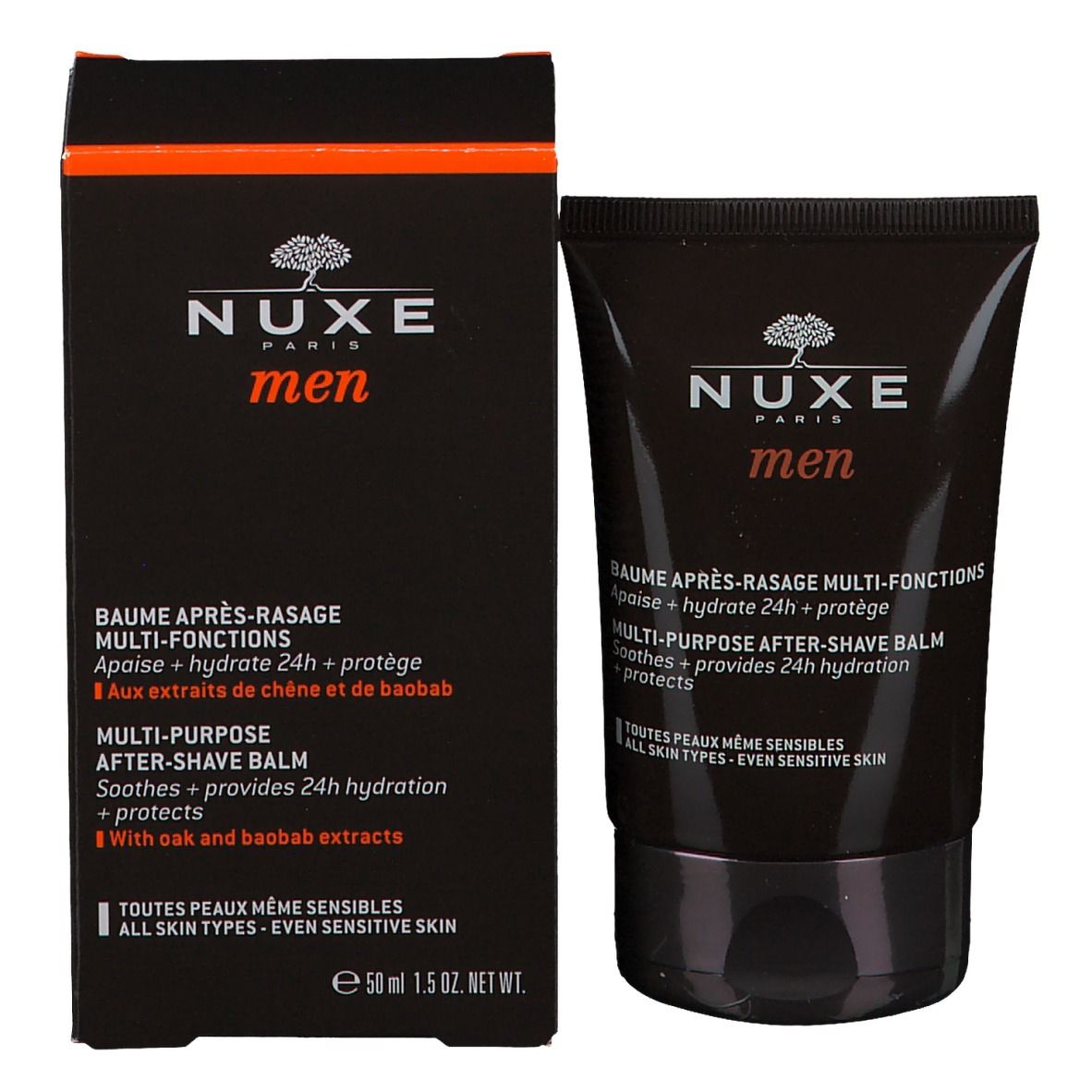Nuxe Men, balsamo dopobarba e confezione. Tubo e scatola marroni. Testo francese.