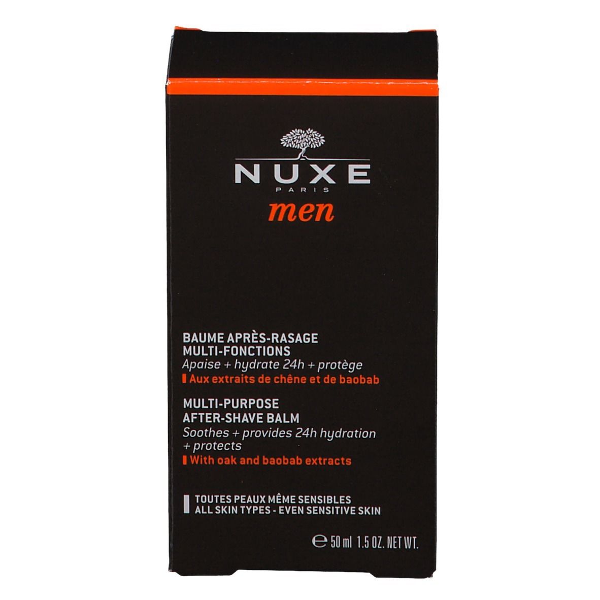 Confezione Nuxe Men. Balsamo dopobarba. Scatola marrone con testo francese.