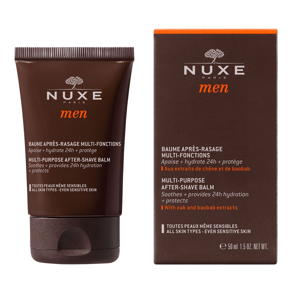 Nuxe Men, balsamo dopobarba e confezione. Tubo e scatola marroni. Testo francese.