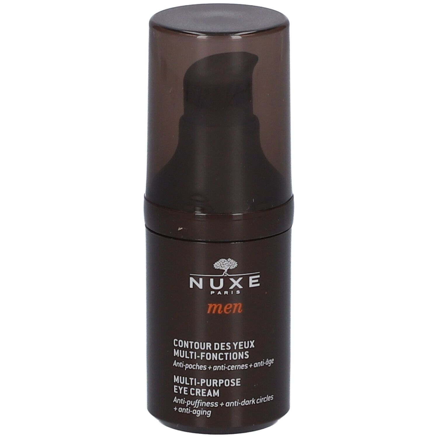 Flacone di crema occhi marrone con dosatore a pompa. Scritta: Nuxe Men, Contour des yeux multi-fonctions. Testo: anti-borse, occhiaie, anti-età.