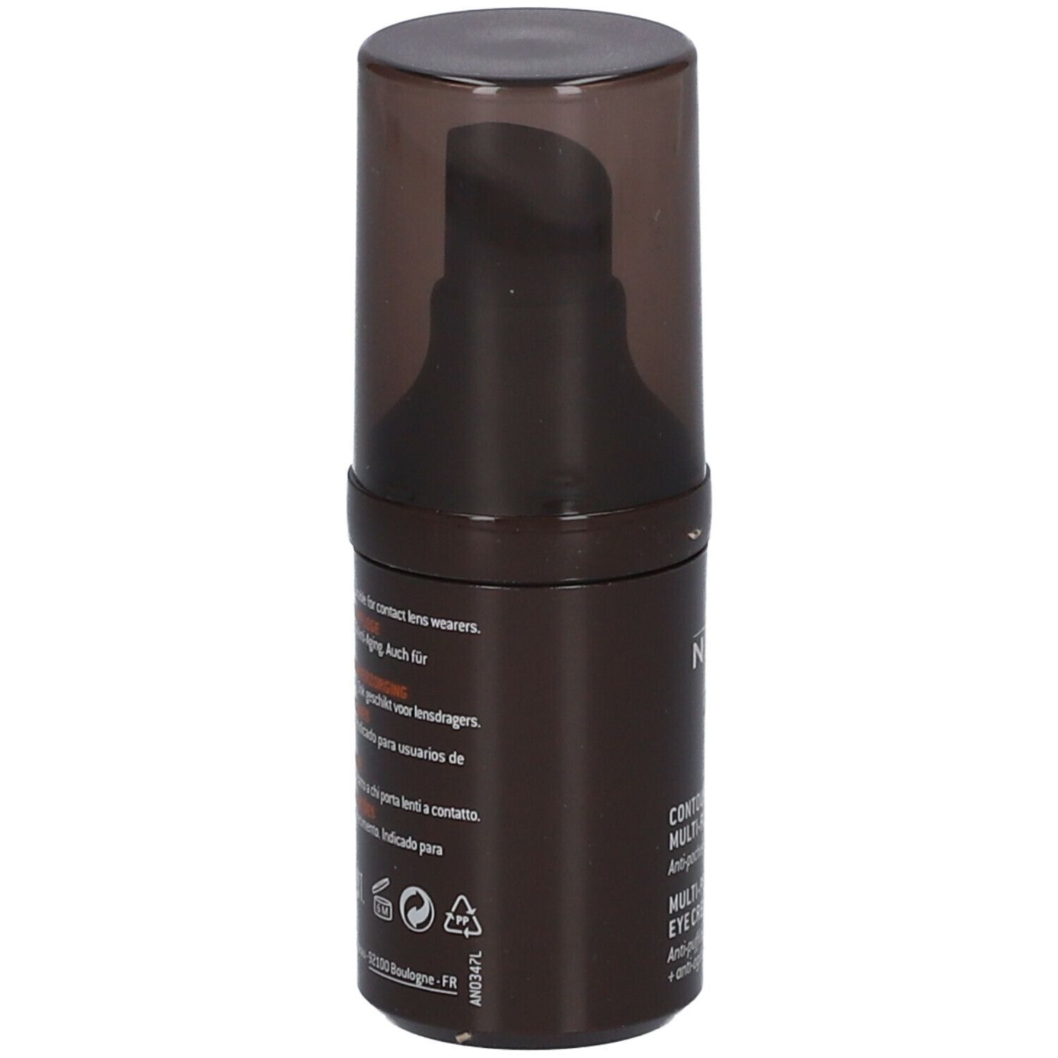 Flacone di crema occhi marrone con dosatore a pompa. Scritta: Nuxe Men, Contour des yeux multi-fonctions. Testo: anti-borse, occhiaie, anti-età.