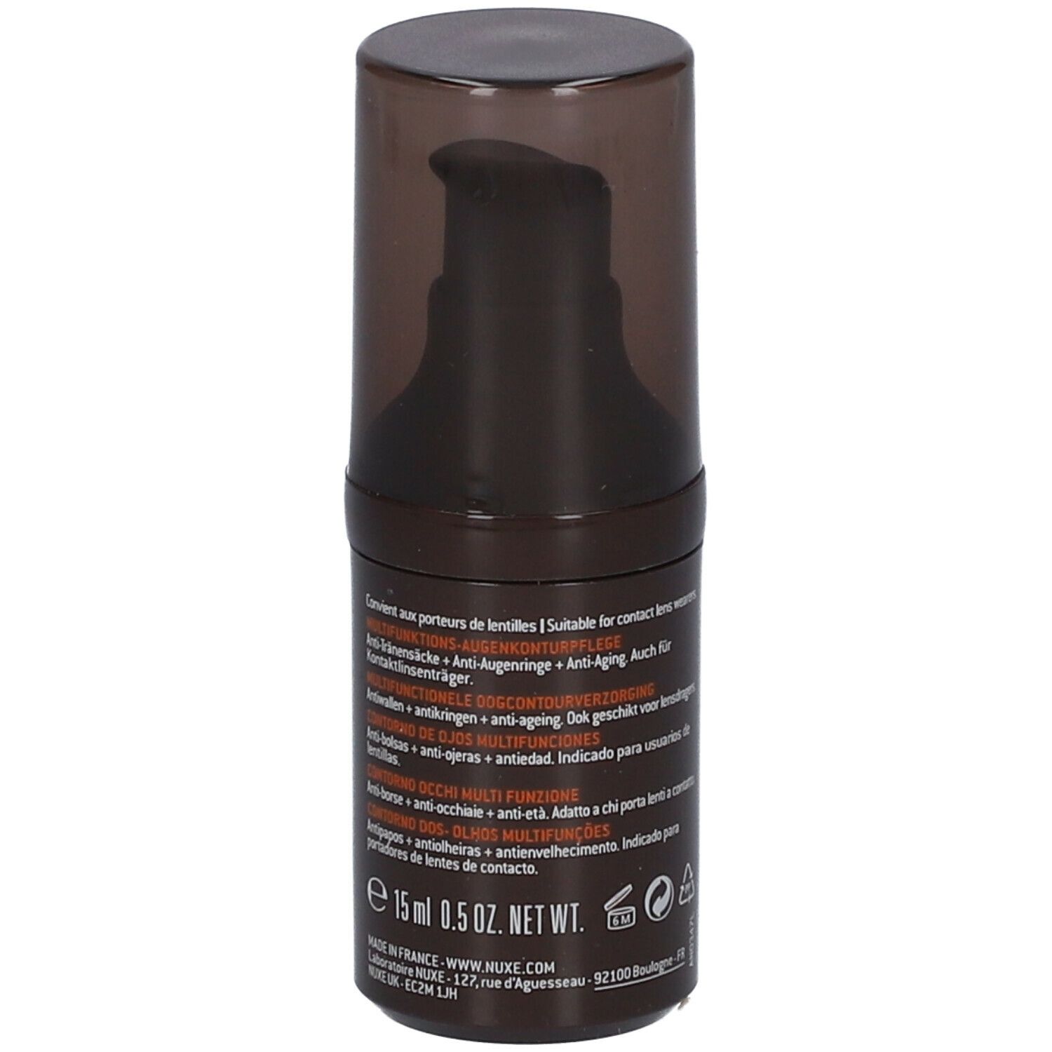 Flacone di crema occhi marrone con dosatore a pompa. Scritta: Nuxe Men, Contour des yeux multi-fonctions. Testo: anti-borse, occhiaie, anti-età.