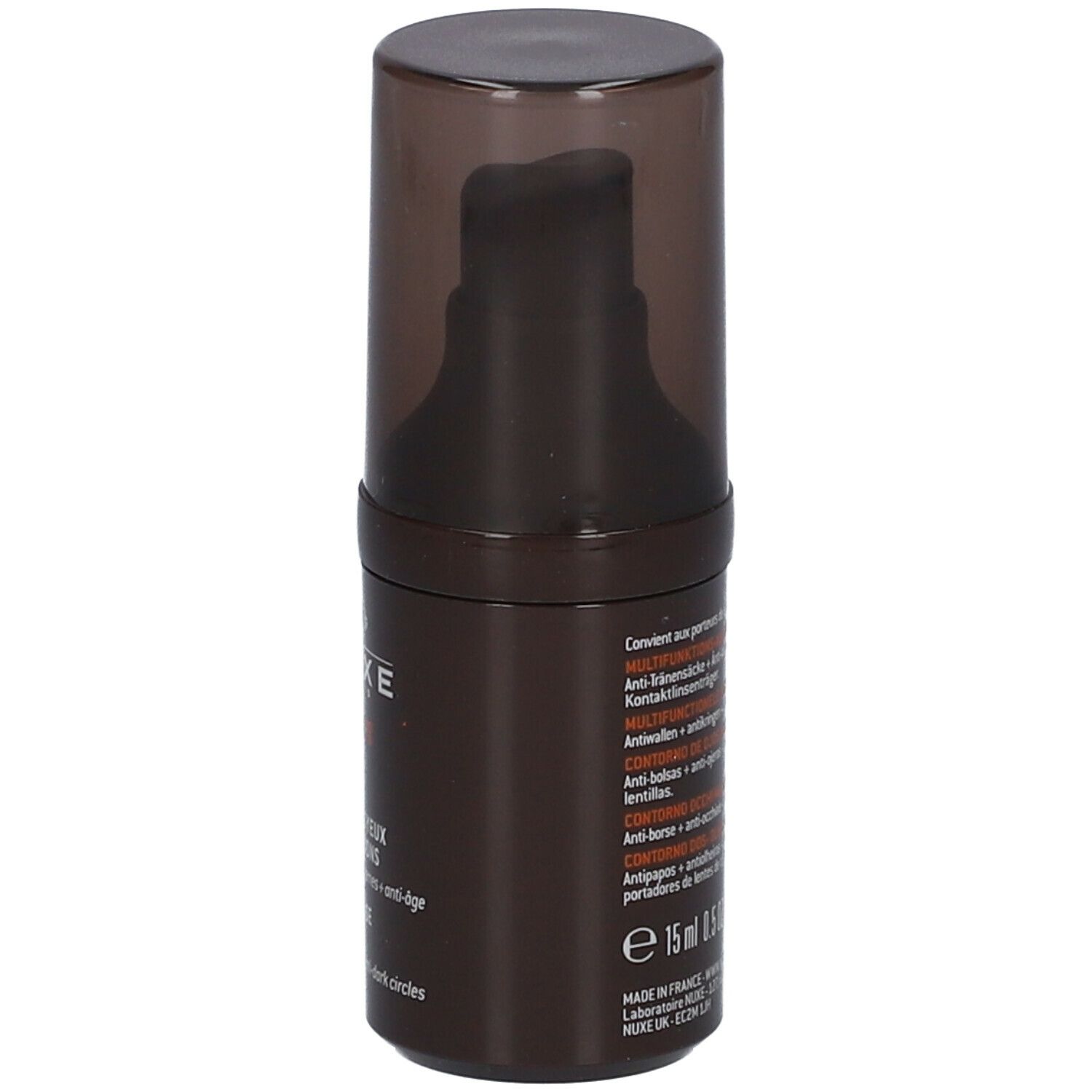 Flacone di crema occhi marrone con dosatore a pompa. Scritta: Nuxe Men, Contour des yeux multi-fonctions. Testo: anti-borse, occhiaie, anti-età.