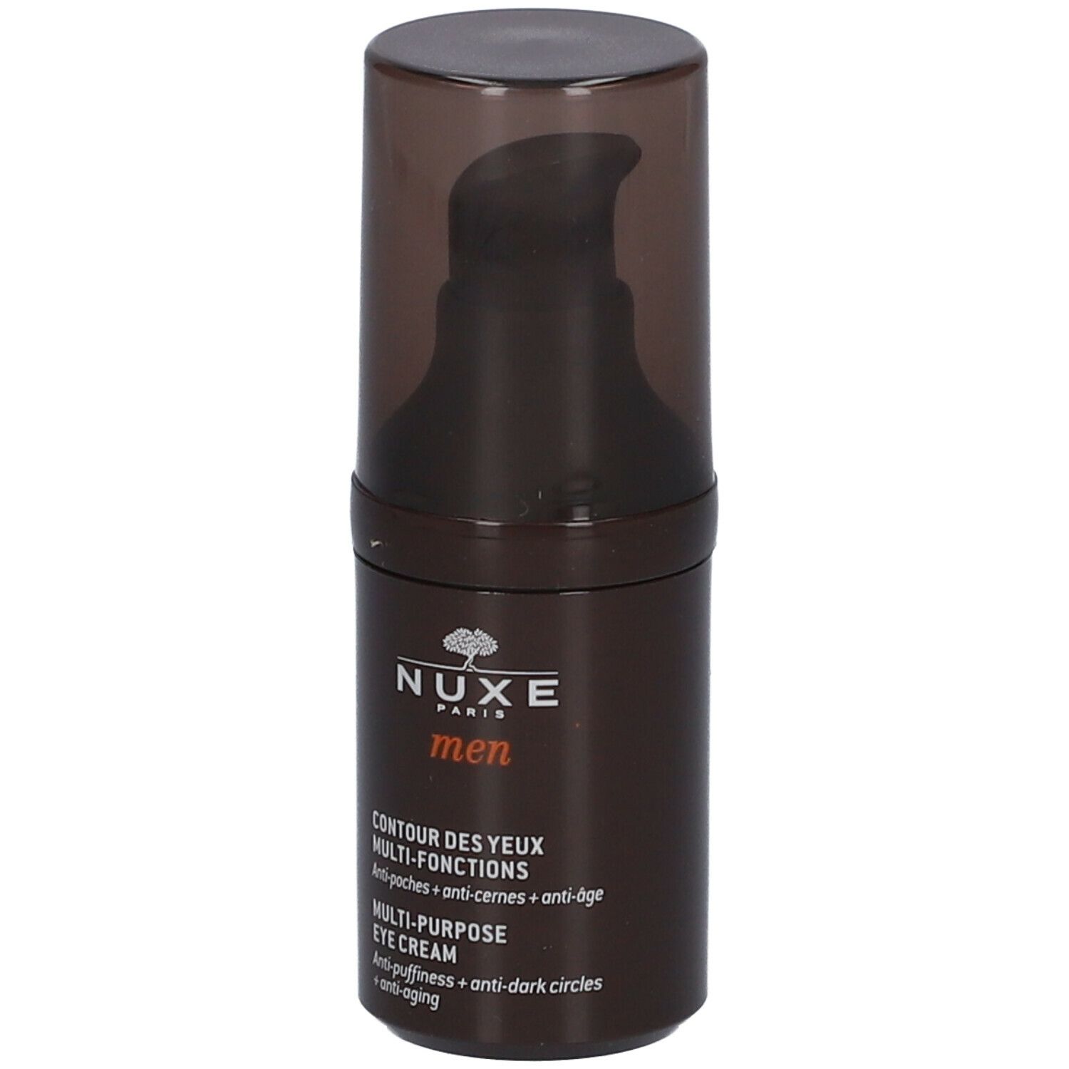 Flacone di crema occhi marrone con dosatore a pompa. Scritta: Nuxe Men, Contour des yeux multi-fonctions. Testo: anti-borse, occhiaie, anti-età.