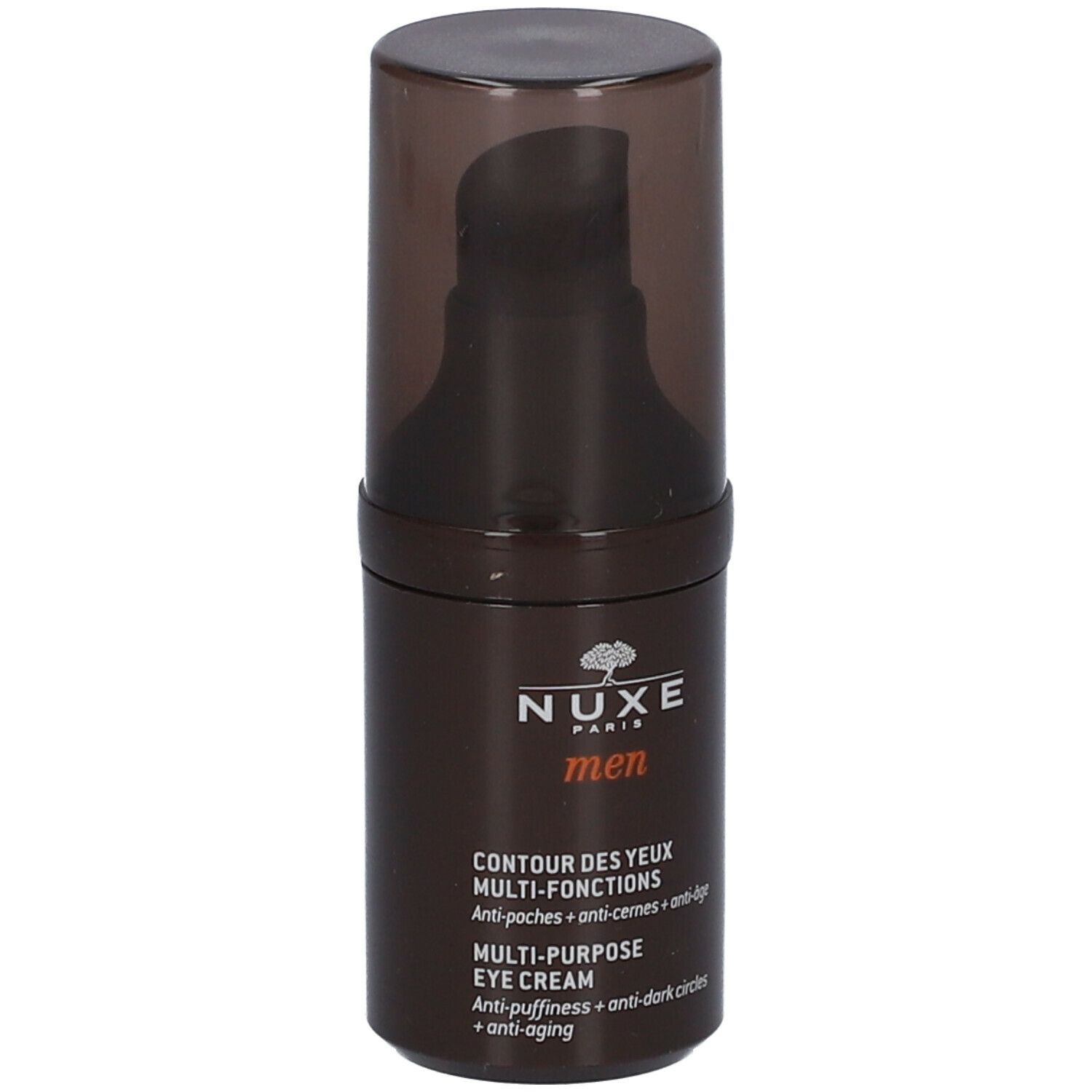 Flacone di crema occhi marrone con dosatore a pompa. Scritta: Nuxe Men, Contour des yeux multi-fonctions. Testo: anti-borse, occhiaie, anti-età.