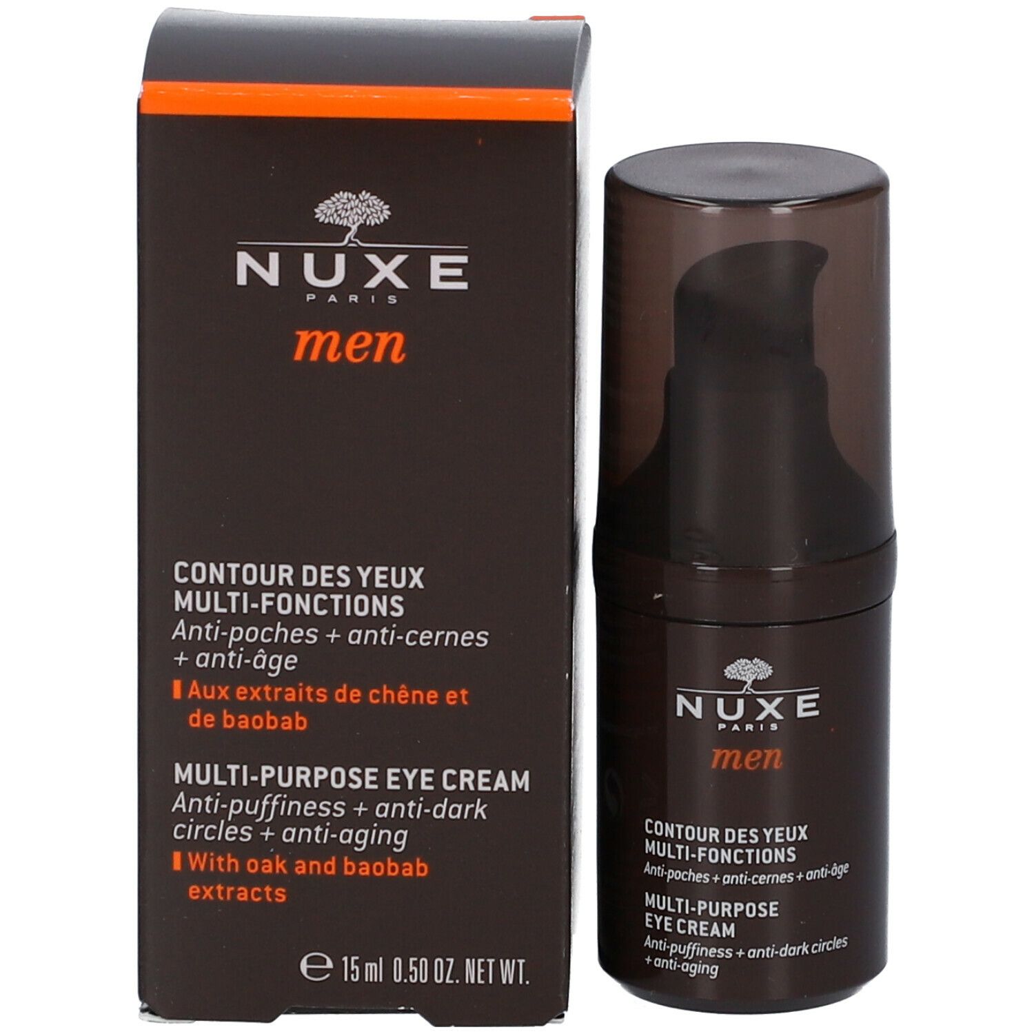 Flacone di crema occhi e confezione. Scritta: Nuxe Men, Contour des yeux multi-fonctions. Testo: anti-borse, occhiaie, anti-età. Con estratti di quercia e baobab.