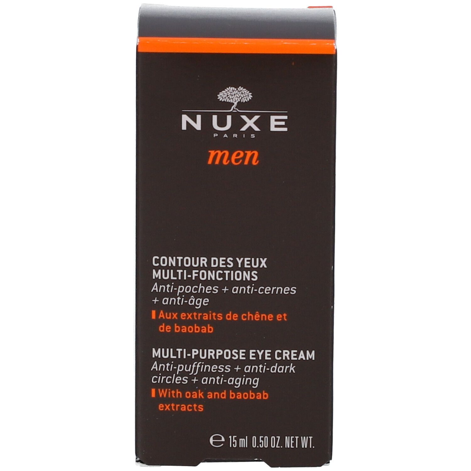 Confezione della crema occhi. Scritta: Nuxe Men, Contour des yeux multi-fonctions. Testo: anti-borse, occhiaie, anti-età. Con estratti di quercia e baobab.