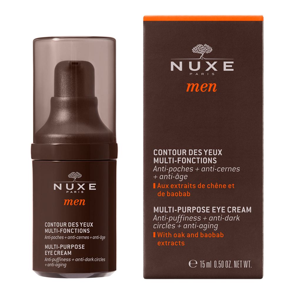 Flacone di crema occhi e confezione. Scritta: Nuxe Men, Contour des yeux multi-fonctions. Testo: anti-borse, occhiaie, anti-età. Con estratti di quercia e baobab.
