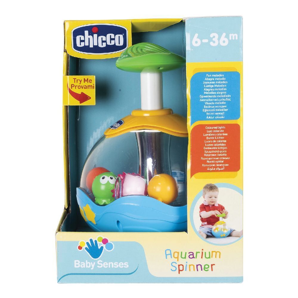 Giocattolo in confezione. Giocattolo Spinner acquario blu e giallo con personaggi. Marchio Chicco. Età consigliata 16-36 mesi.