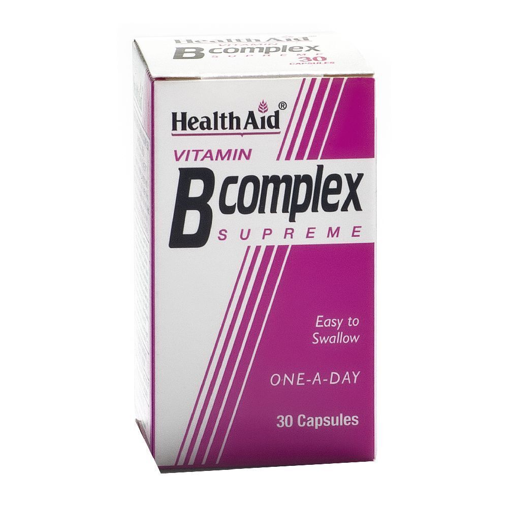 Scatola bianca e rosa. Scritta: Health Aid Vitamin B complex Supreme, 30 capsule.