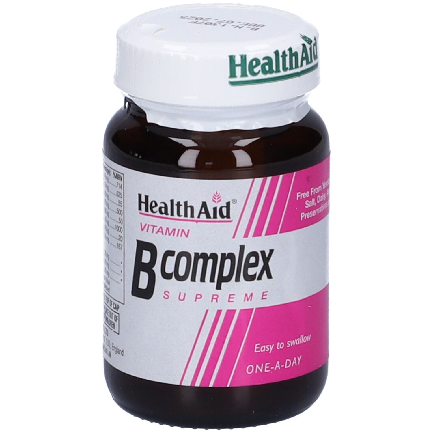 Flacone di vetro marrone con tappo bianco. Scritta: Health Aid Vitamin B complex Supreme. Etichetta rosa.