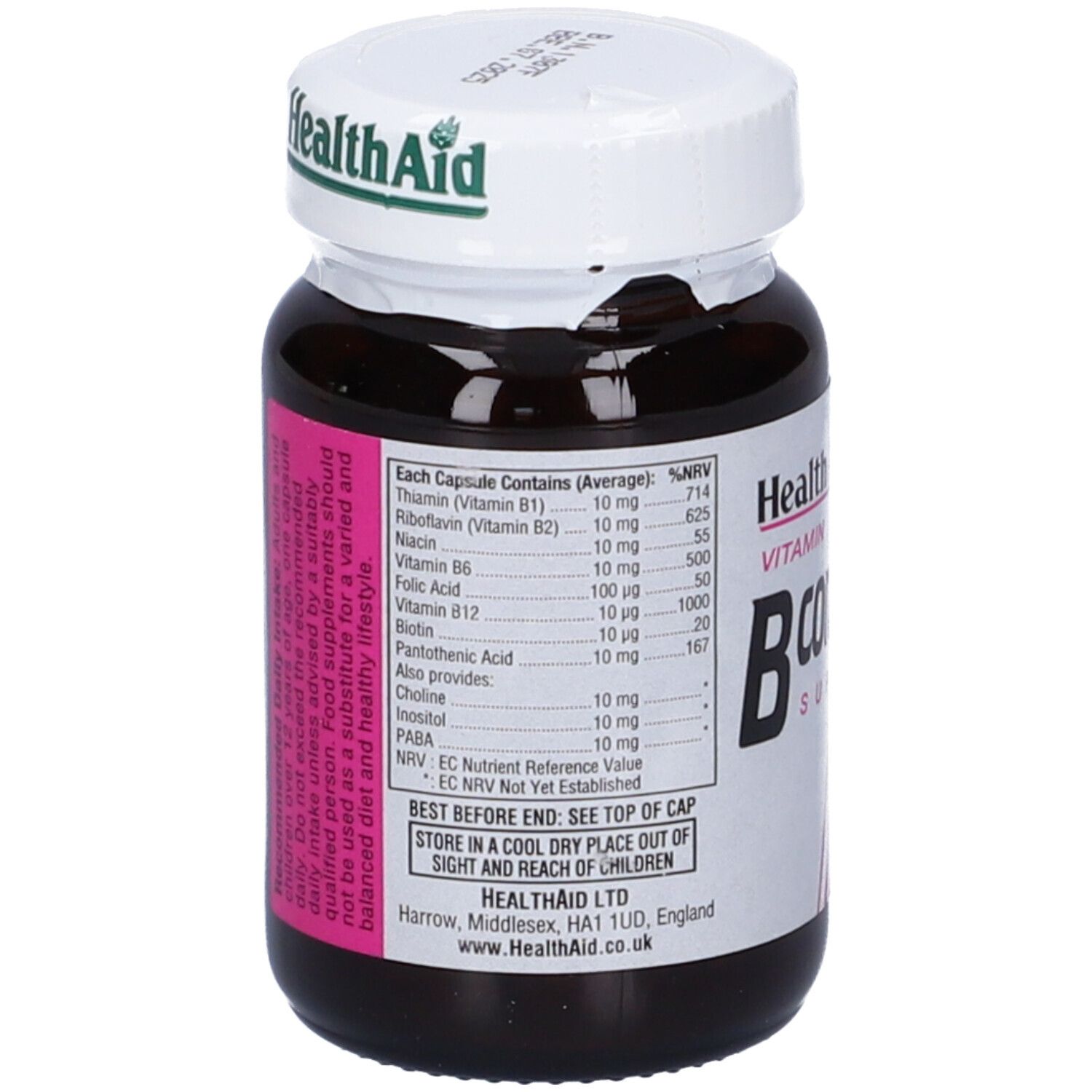 Flacone di vetro marrone con tappo bianco. Etichetta rosa con informazioni nutrizionali e indirizzo del produttore.