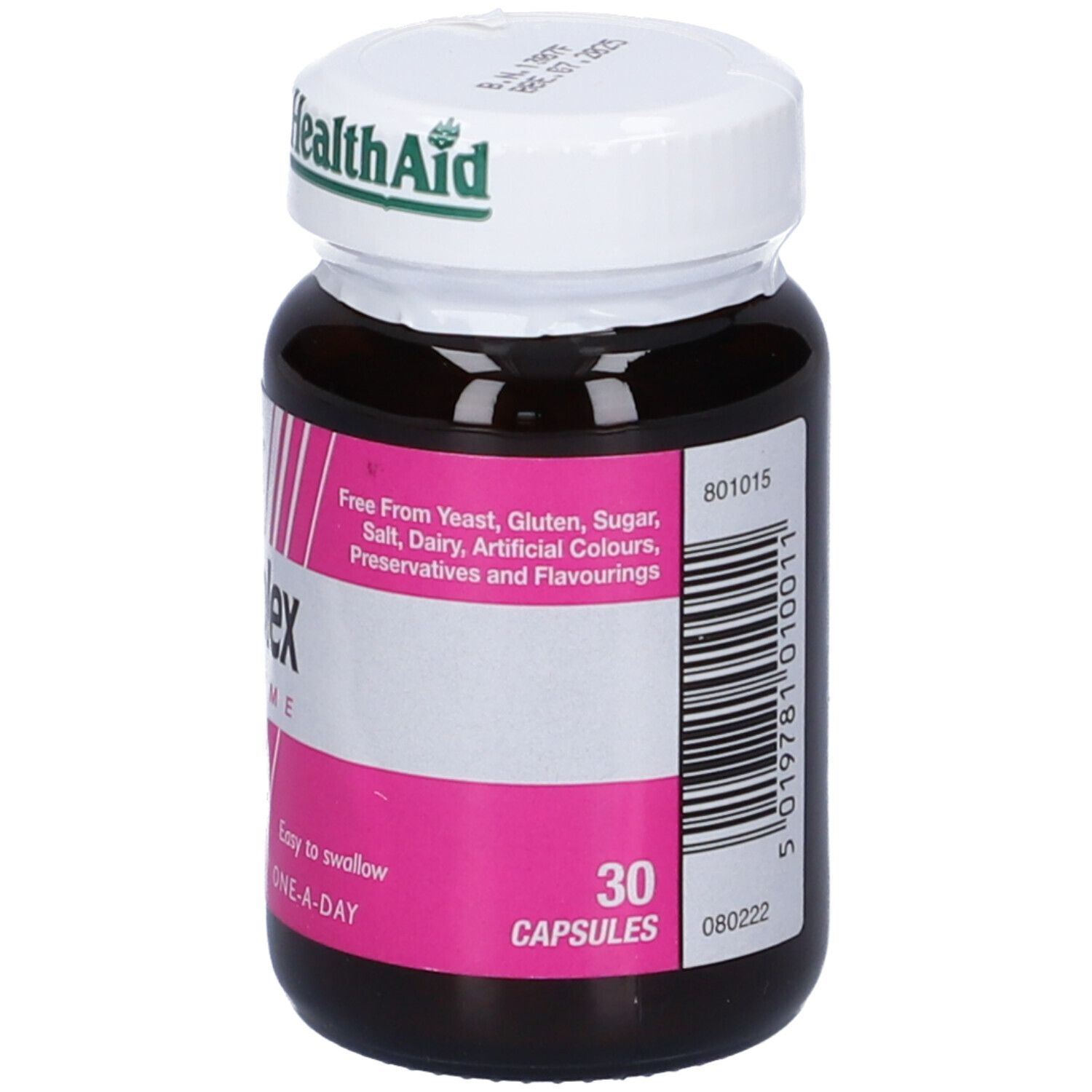 Flacone di vetro marrone con tappo bianco. Etichetta rosa con ingredienti e avvertenze.