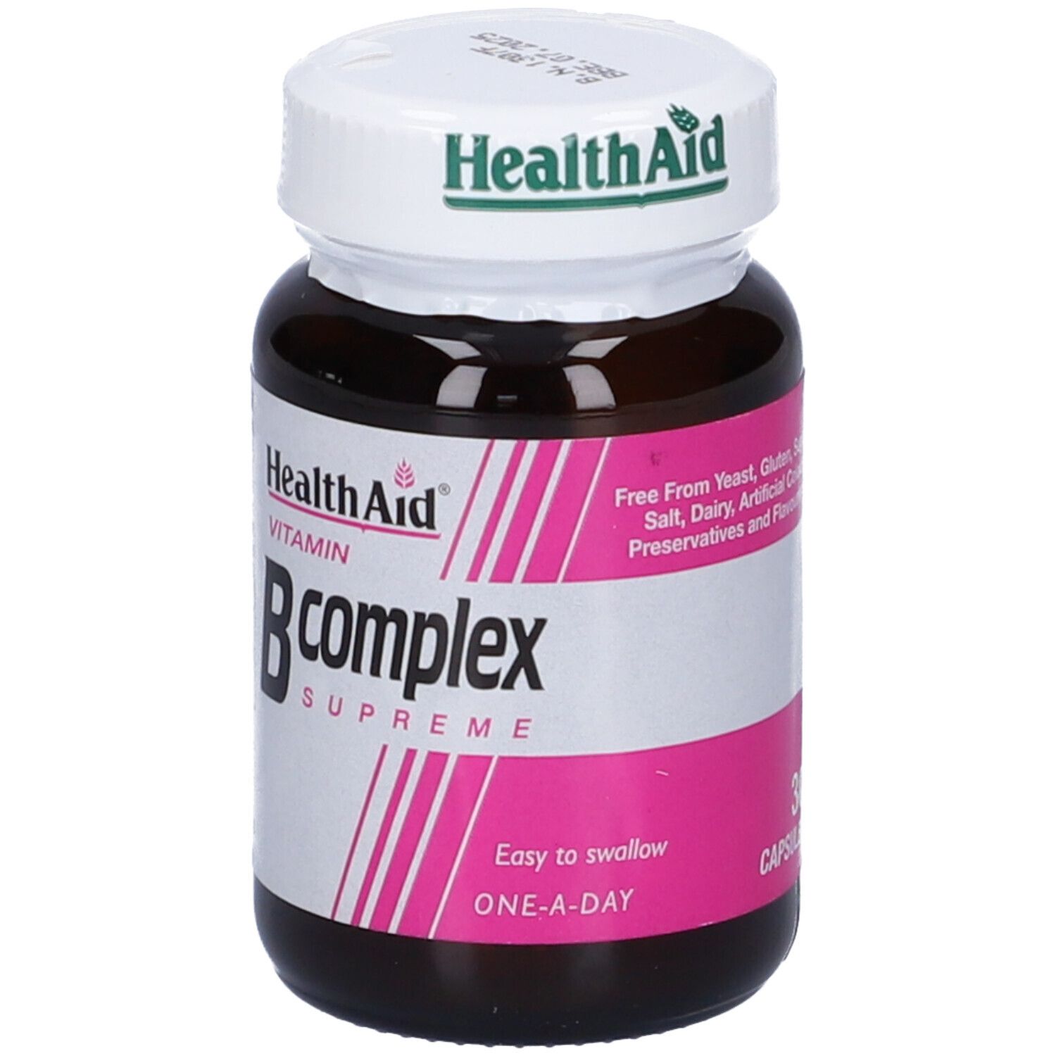 Flacone di vetro marrone con tappo bianco. Scritta: Health Aid Vitamin B complex Supreme. 30 capsule.