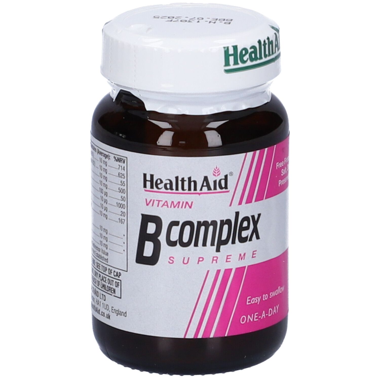Flacone di vetro marrone con tappo bianco. Scritta: Health Aid Vitamin B complex Supreme. Etichetta con valori nutrizionali.